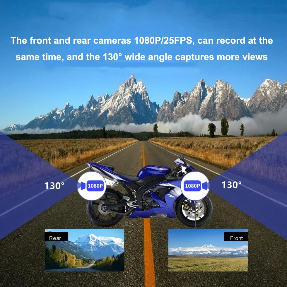 VSYSTO Kamera motocyklowa na deskę rozdzielczą 1080p, podwójna soczewka, kamera motocyklowa z przodu, z tyłu, WiFi, szerokokątna kamera sportowa 130°