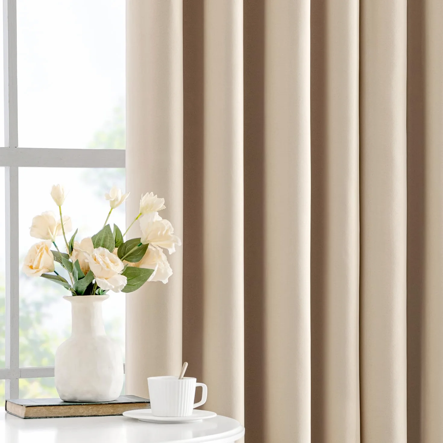 MIULEE Rideau Occultant Thermique Isolants Anti Froid Chaleur Galon Fronceur, Tenture Opaque Beige 140x245, Rideaux Isolant Phonique Chambre Salon 2 Pièces