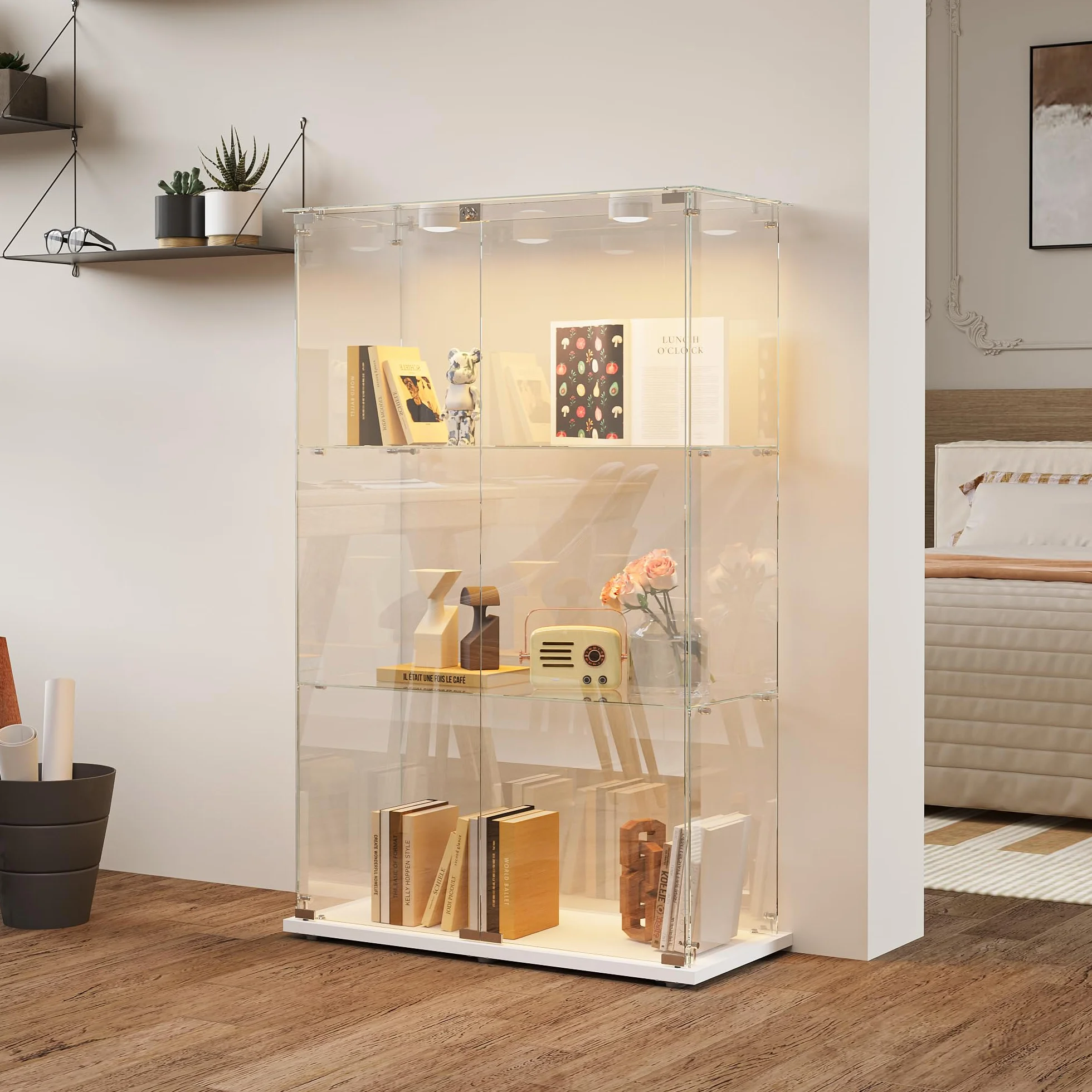 MEXUS Vitrine en Verre avec LED, avec 2 Portes et Serrure de sécurité, Conception à 3 Couches, étanche à la poussière et Facile à Nettoyer, adaptée au Salon, à la Chambre, au Bureau (Blanc)