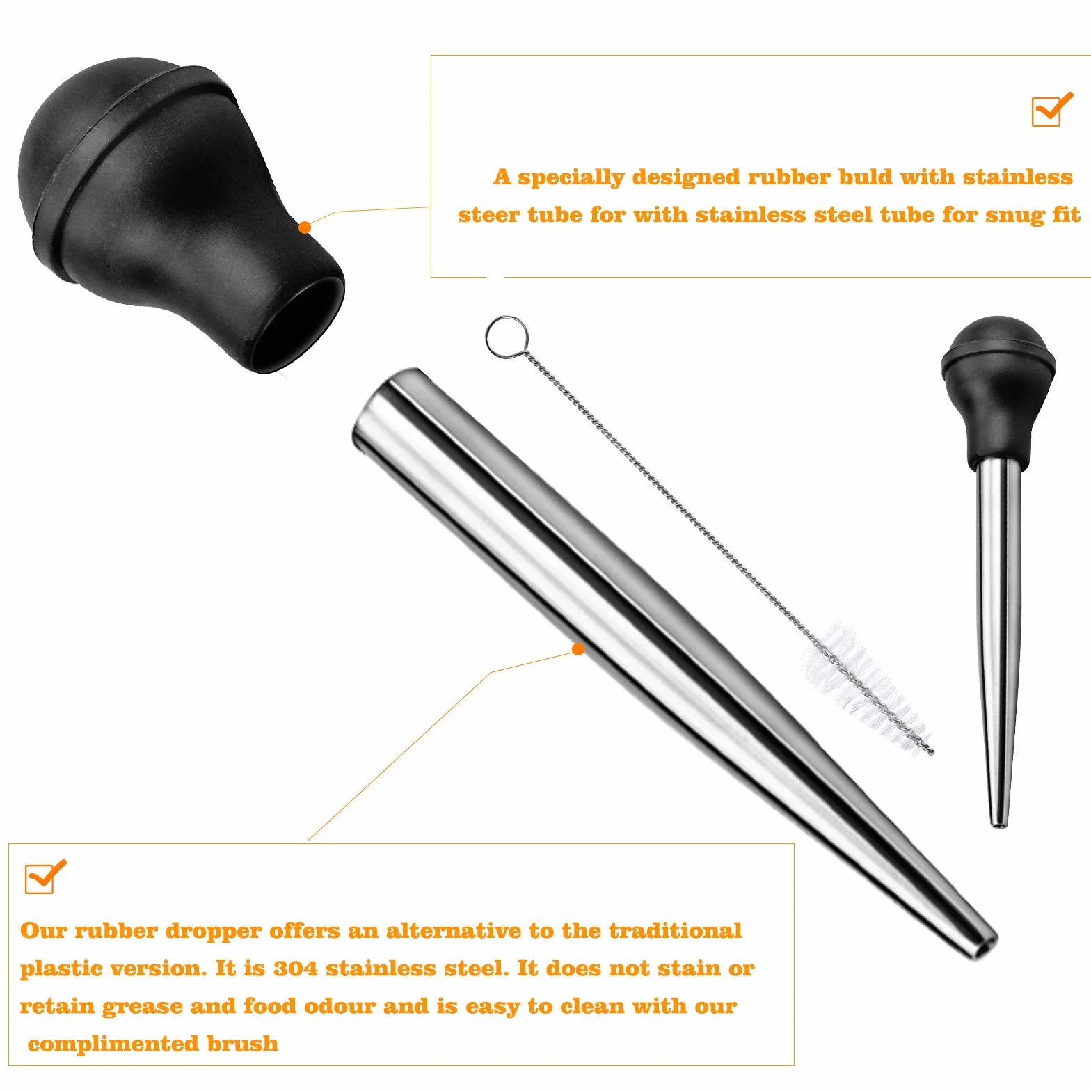 Winfred Poire à Sauce Acier Inoxydable 304 Caoutchouc Pipette Cuisine Aiguille d'Injection Brosse Nettoyage BBQ