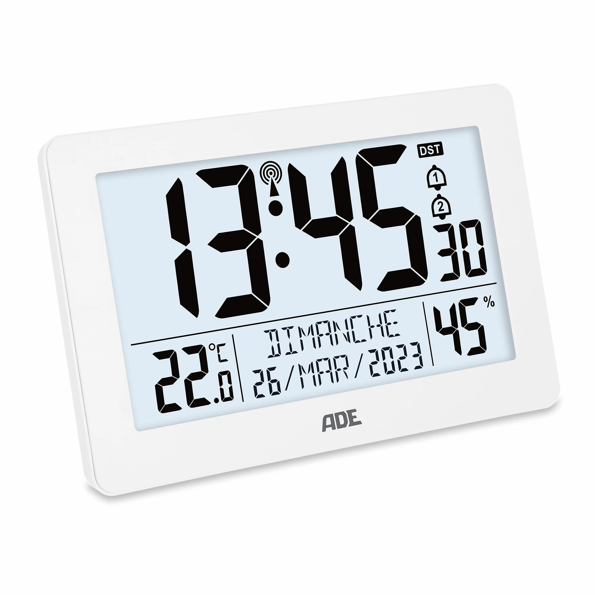 ADE Horloge Radio Pilotée Murale Grands Chiffres Calendrier Thermomètre Hygromètre Réveil Station Météo Piles Blanc