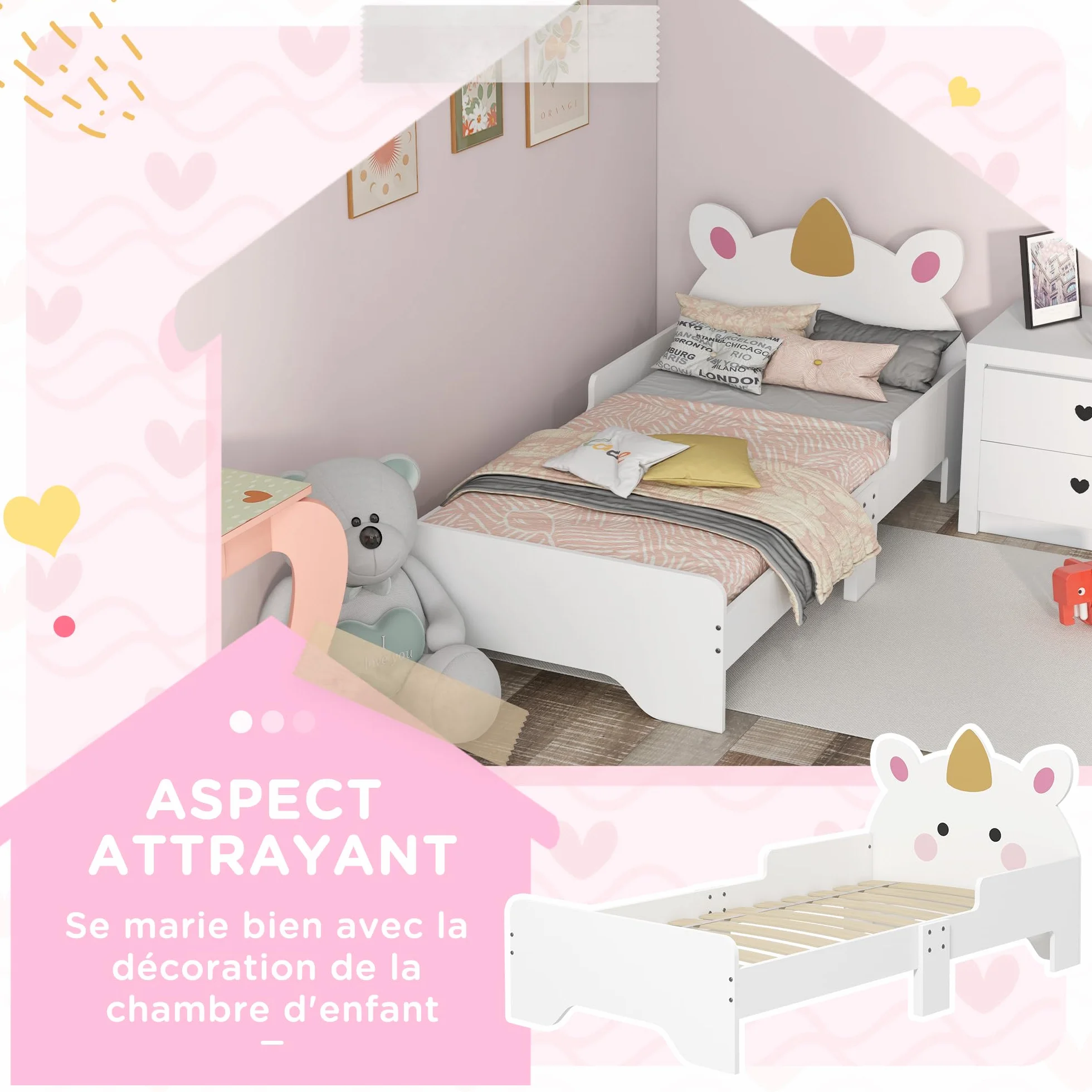 ZONEKIZ Lit Enfant, Design Licorne, 3 à 6 Ans, sommier à Lattes Inclus, 143 x 74 x 67 cm, lit pour Enfant, barrières latérales, Charge Max. 80 kg, Rose