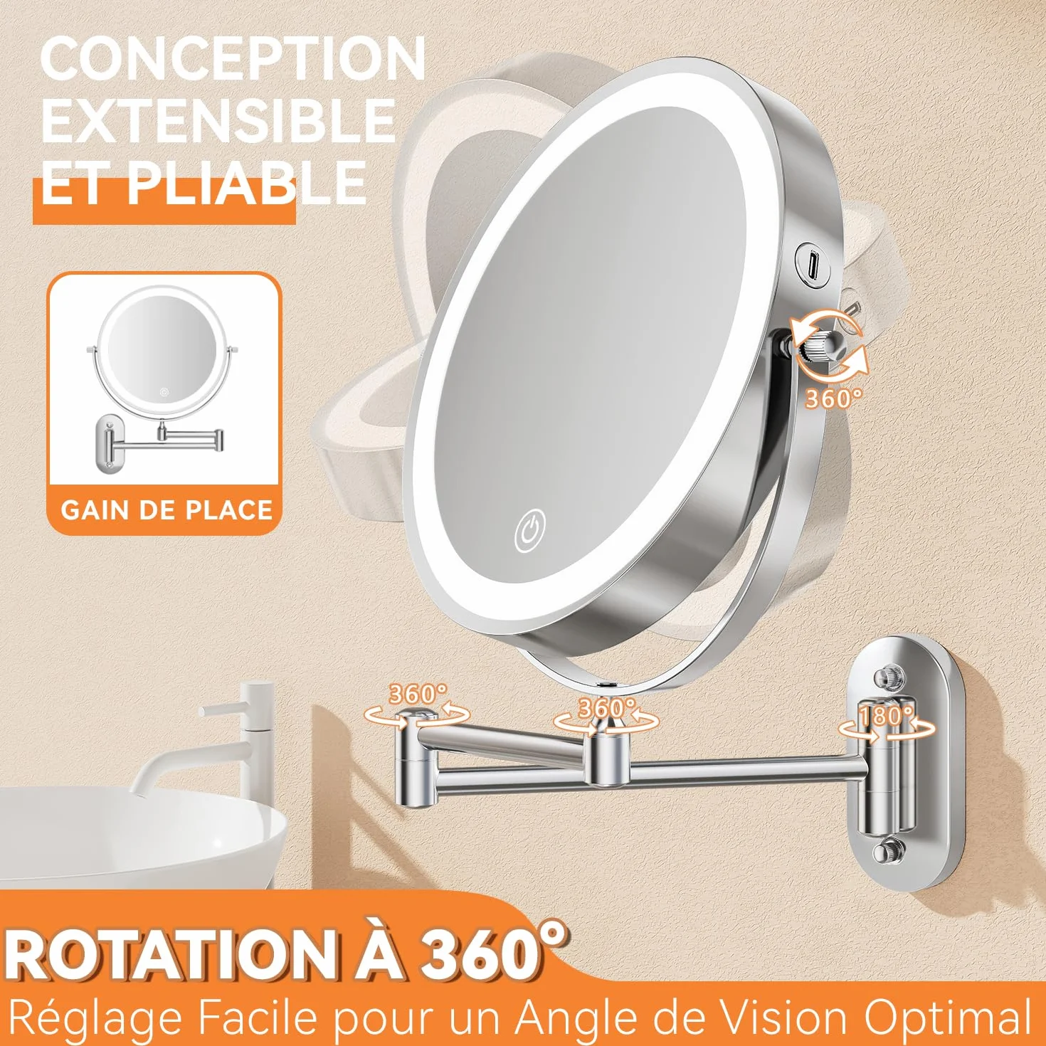 Auxmir Miroir Grossissant Mural 1X/30X, 3200mAh, 3 Modes Couleur, 360° Pivotant Extensible
