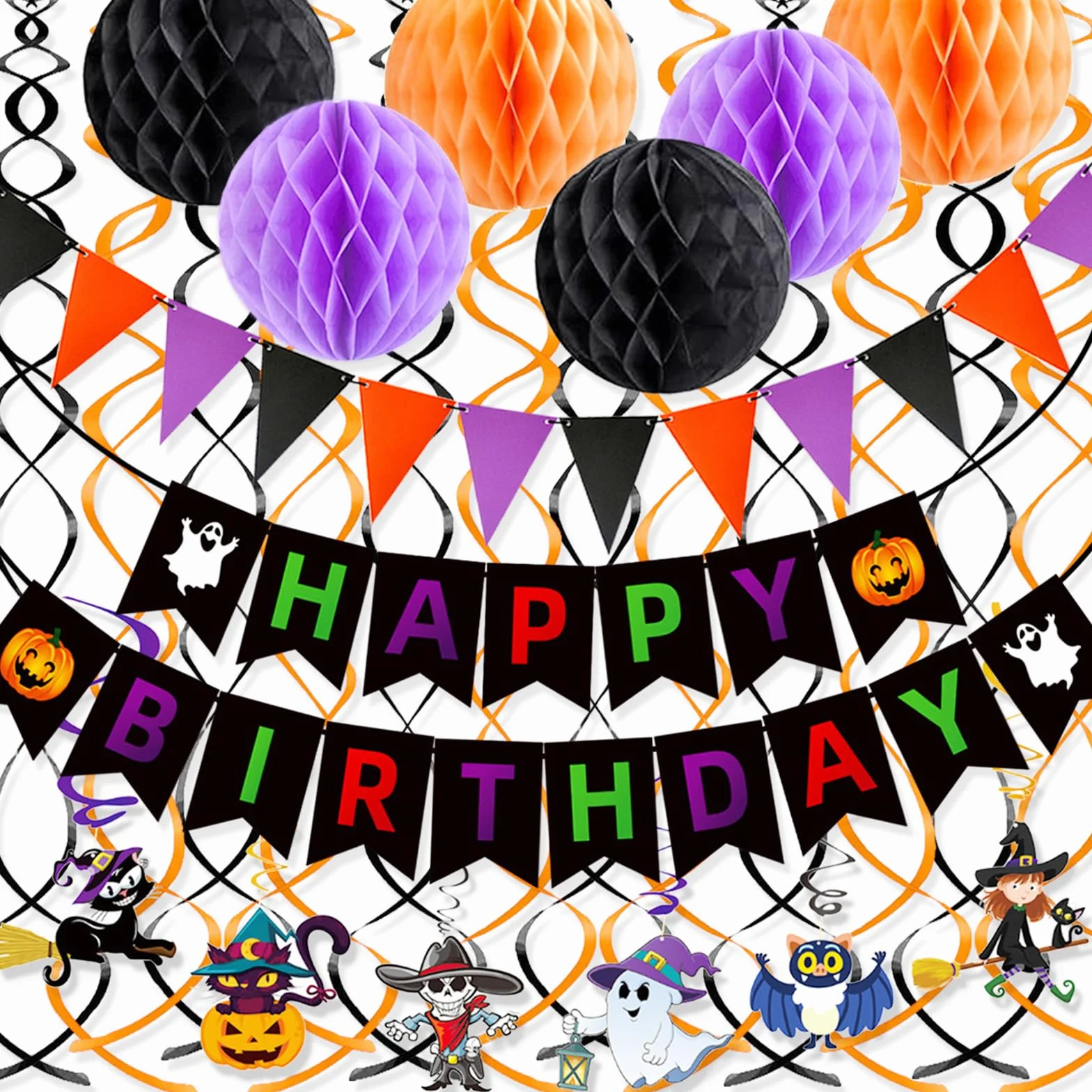 Kit Anniversaire Halloween 47 Pièces Banderole Joyeux Anniversaire Guirlandes Spirale