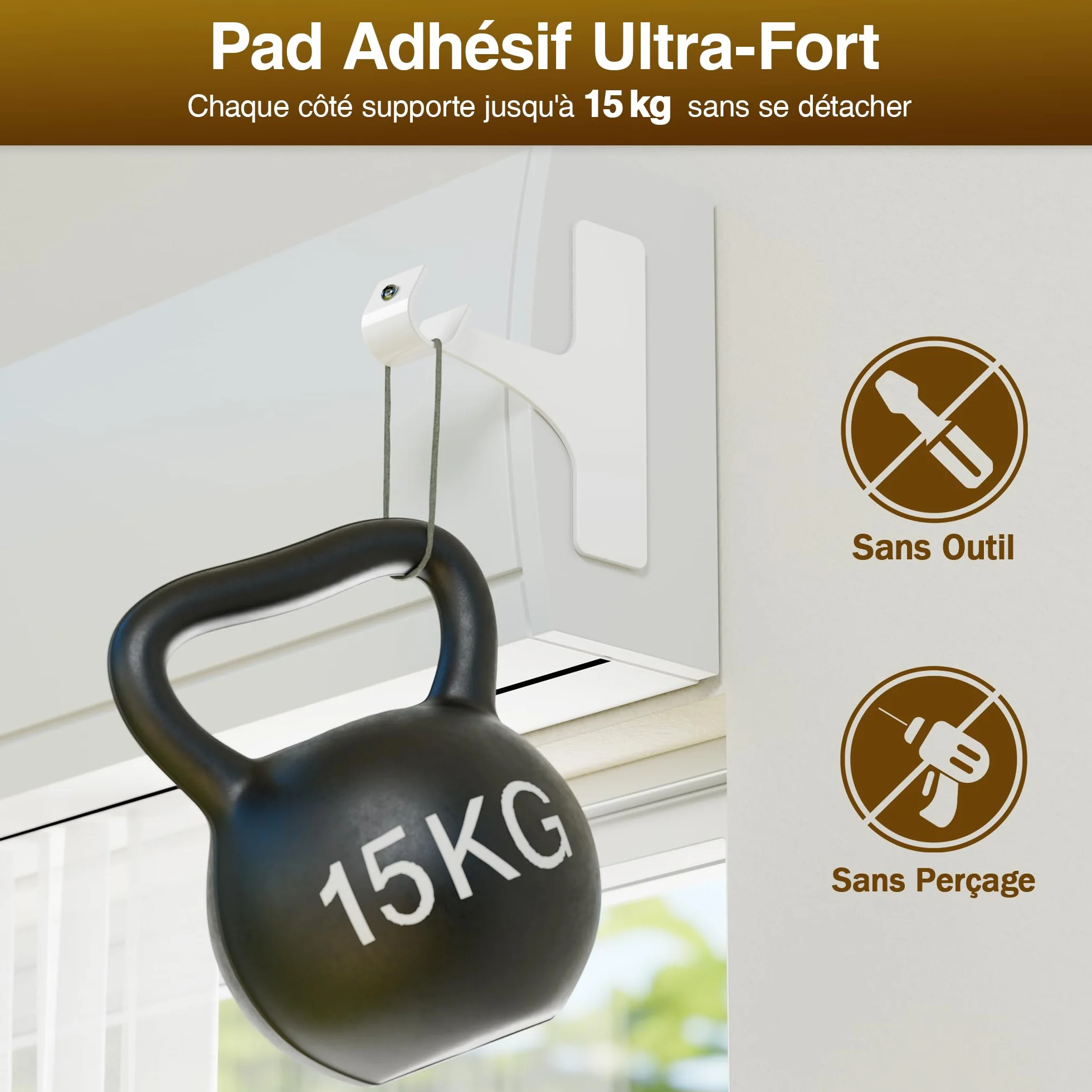 Support Tringle Rideaux sans Perçage pour Coffre Volet Roulant, Fixation Autocollante, 19-28 mm, Lot de 2, Métal Résistant