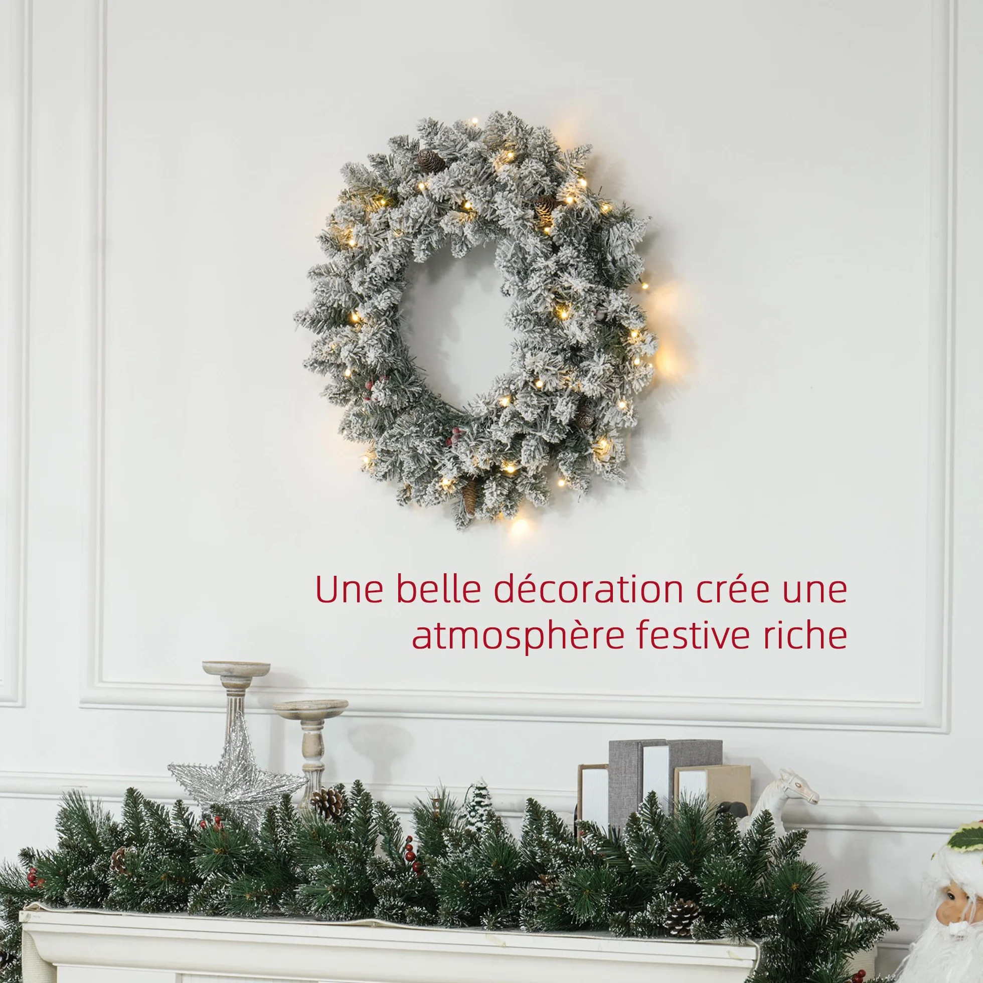 HOMCOM Couronne de Noël Porte givrée Artificielle 60 CM décoration de Noël Lumineuse avec Pommes de pin et Baies Rouges, lumières LED et minuterie, pour Porte, fenêtre ou cheminée, Vert