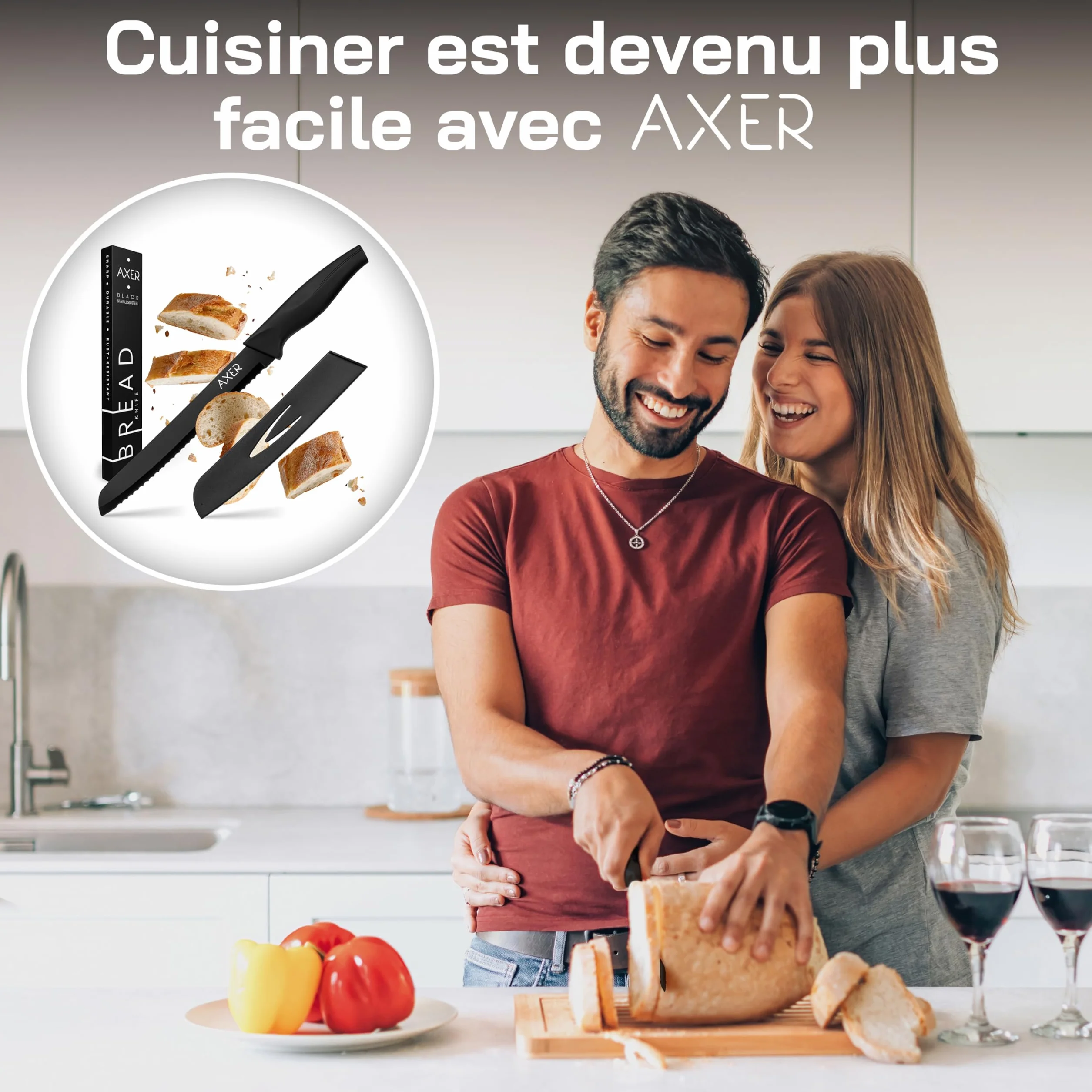 Couteau à Pain Axer avec Étui et Boîte - Couteau Pain Entièrement Noir