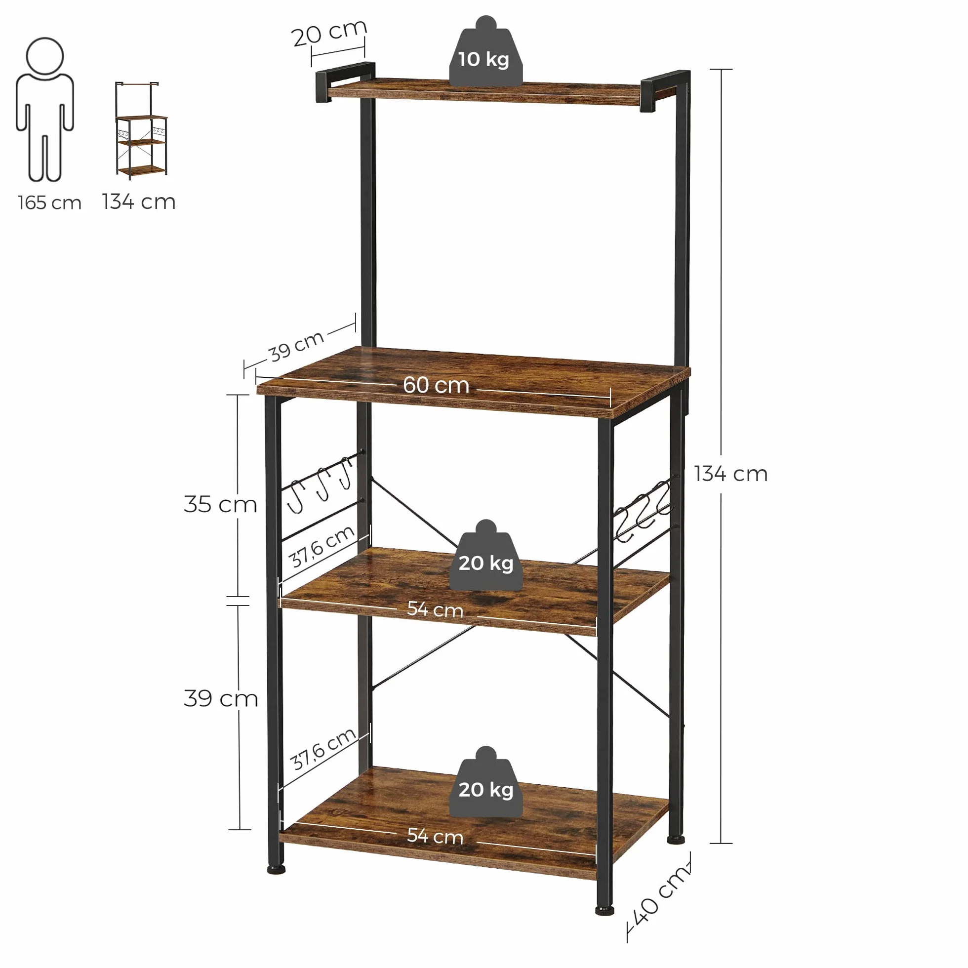 VASAGLE Organisateur de Cuisine, étagère à 3 Niveaux, 6 Crochets en S, pour Micro-Ondes, Grille-Pain, Pots à épices, casseroles, casseroles, industriels, Marron Rustique et Noir KKS023B01