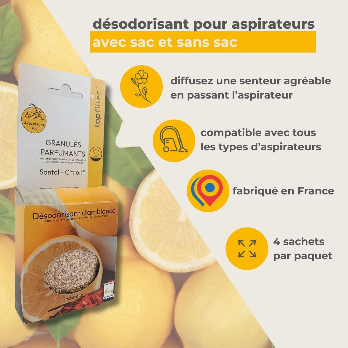 Lot de 4 sachets de granulés parfumés Senteur Santal Citron pour aspirateur, désodorisant aspirateur, Maïs, 4 x 6 grammes