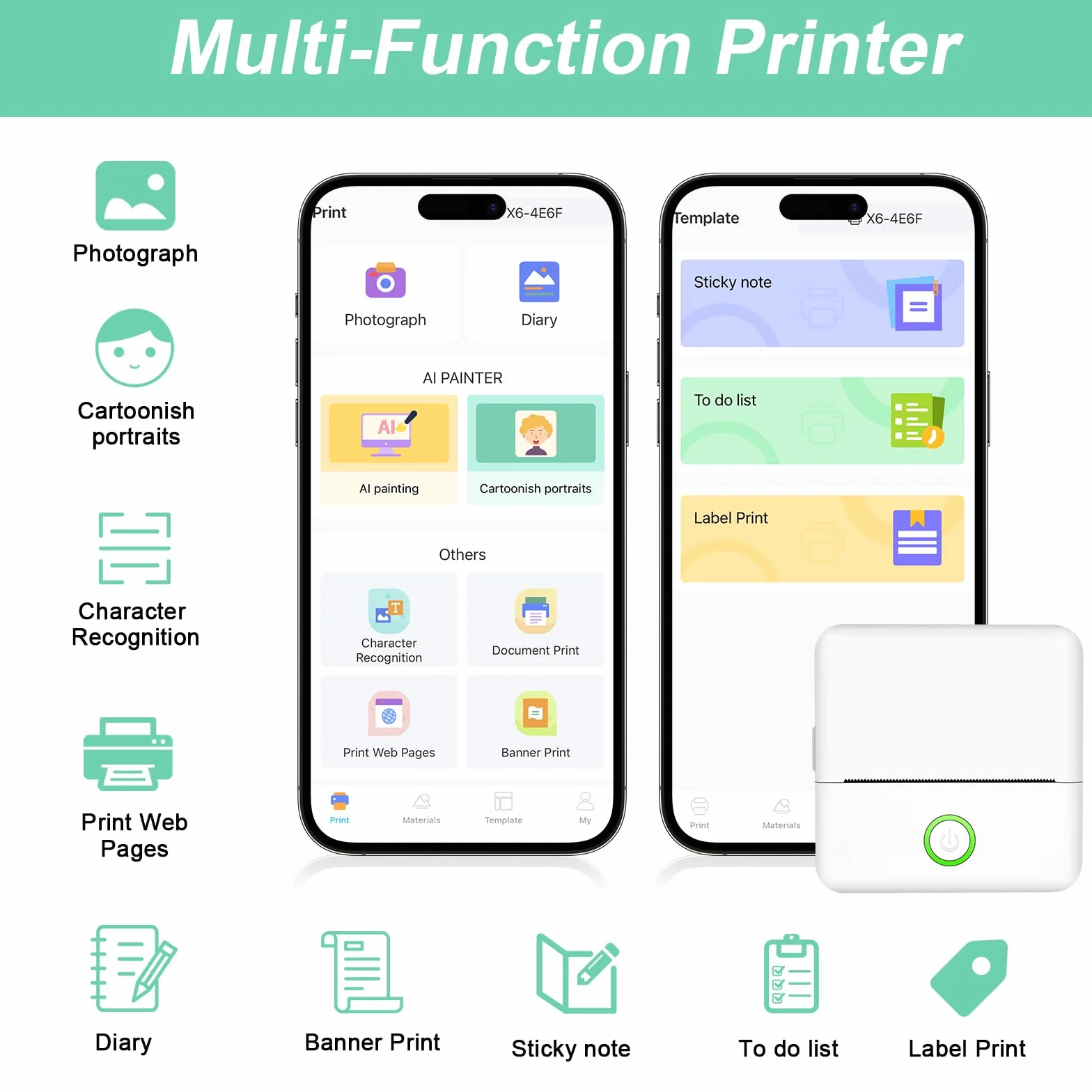 GuKKK Mini drukarka, mobilna drukarka fotograficzna, przenośna, bezprzewodowa drukarka termiczna, 13 rolek papieru do drukarki i 5 kredek, smartfon Bluetooth, do listy, dziennika