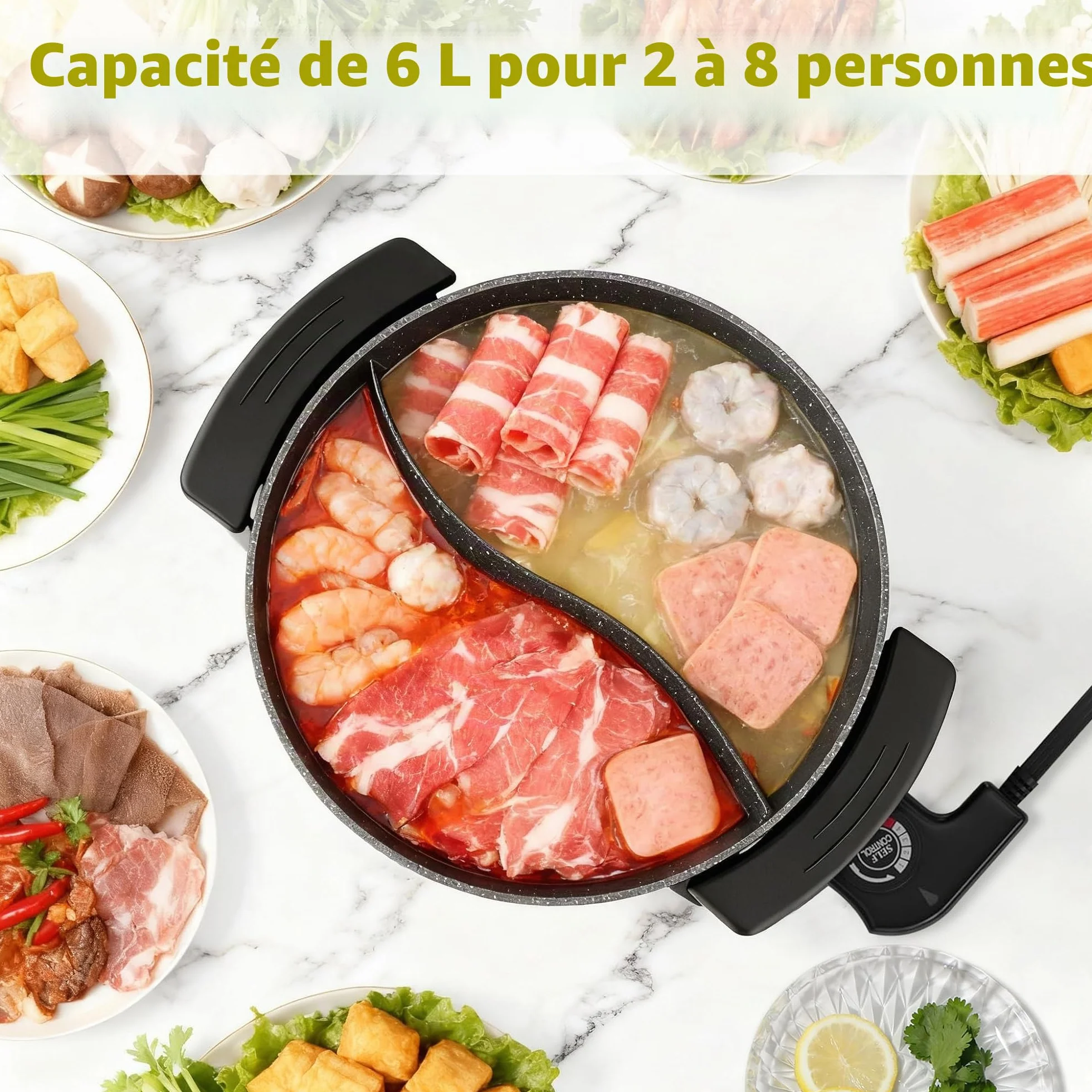 Food Party Appareil Fondue Chinoise Hot Pot Electrique 6L 220V 1200W Shabu SHabu Hotpot avec Diviseur Wok electrique