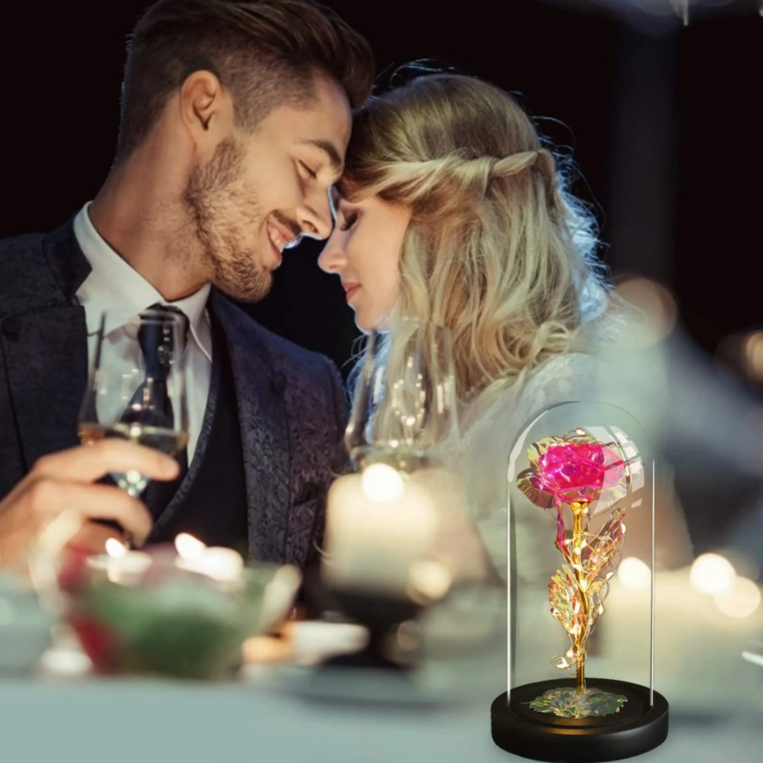 Rose Eternelle sous Cloche Galaxy Rose La Belle et la Bête avec LED Lumières Cadeau Fête des Mères pour Femmes