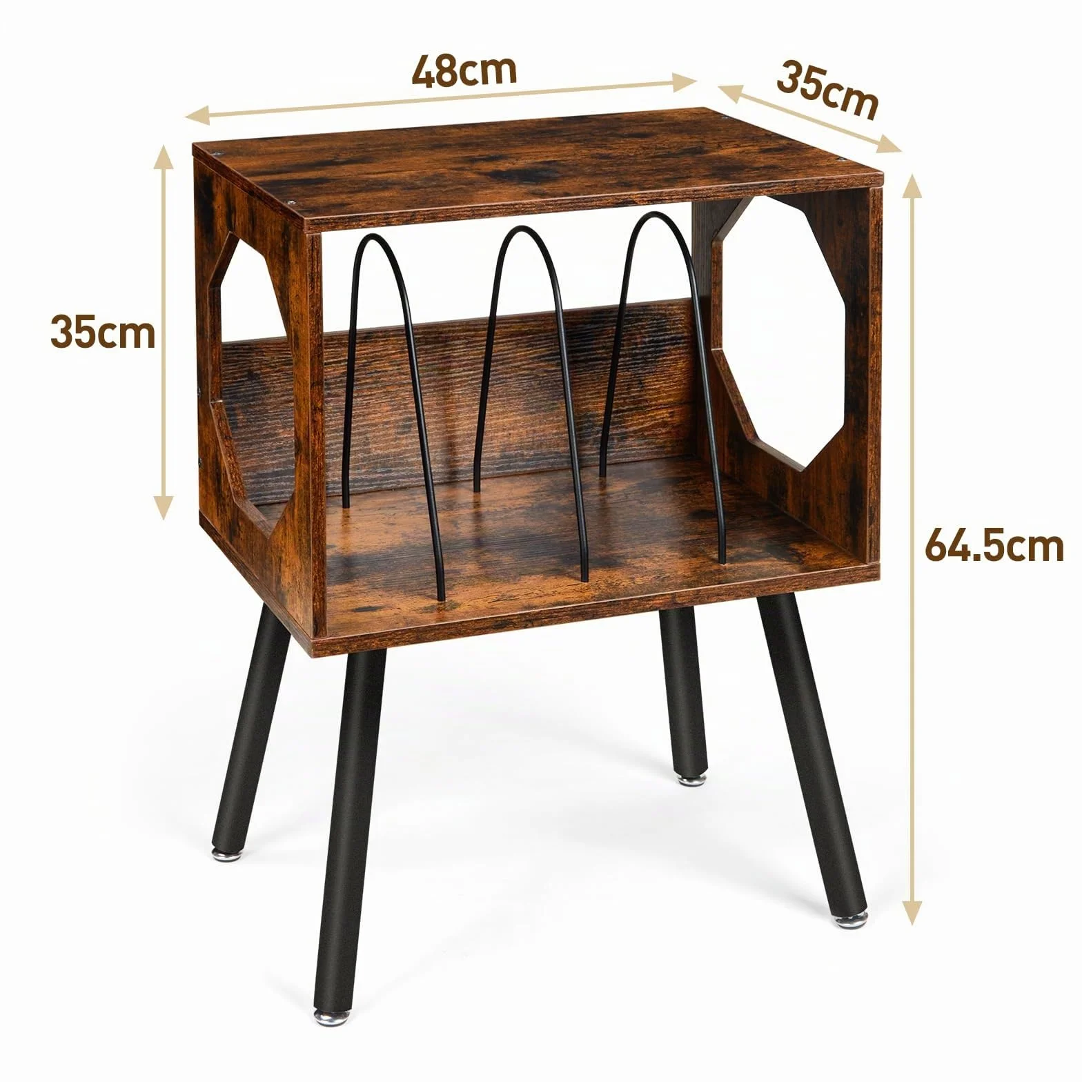 ikkle Support Rustique pour Platine Vinyle avec Pieds en Métal, Pouvant Contenir 150 Disques, Table de Rangement pour Disques Vinyles pour Chambre ou Salon (Marron)