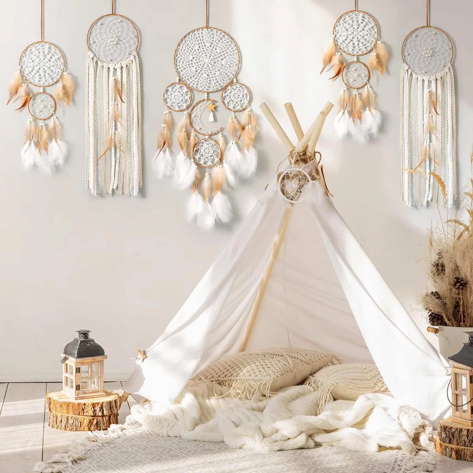 LOMOHOO Lot de 5 attrape-rêves lune soleil - Décoration murale bohème marron