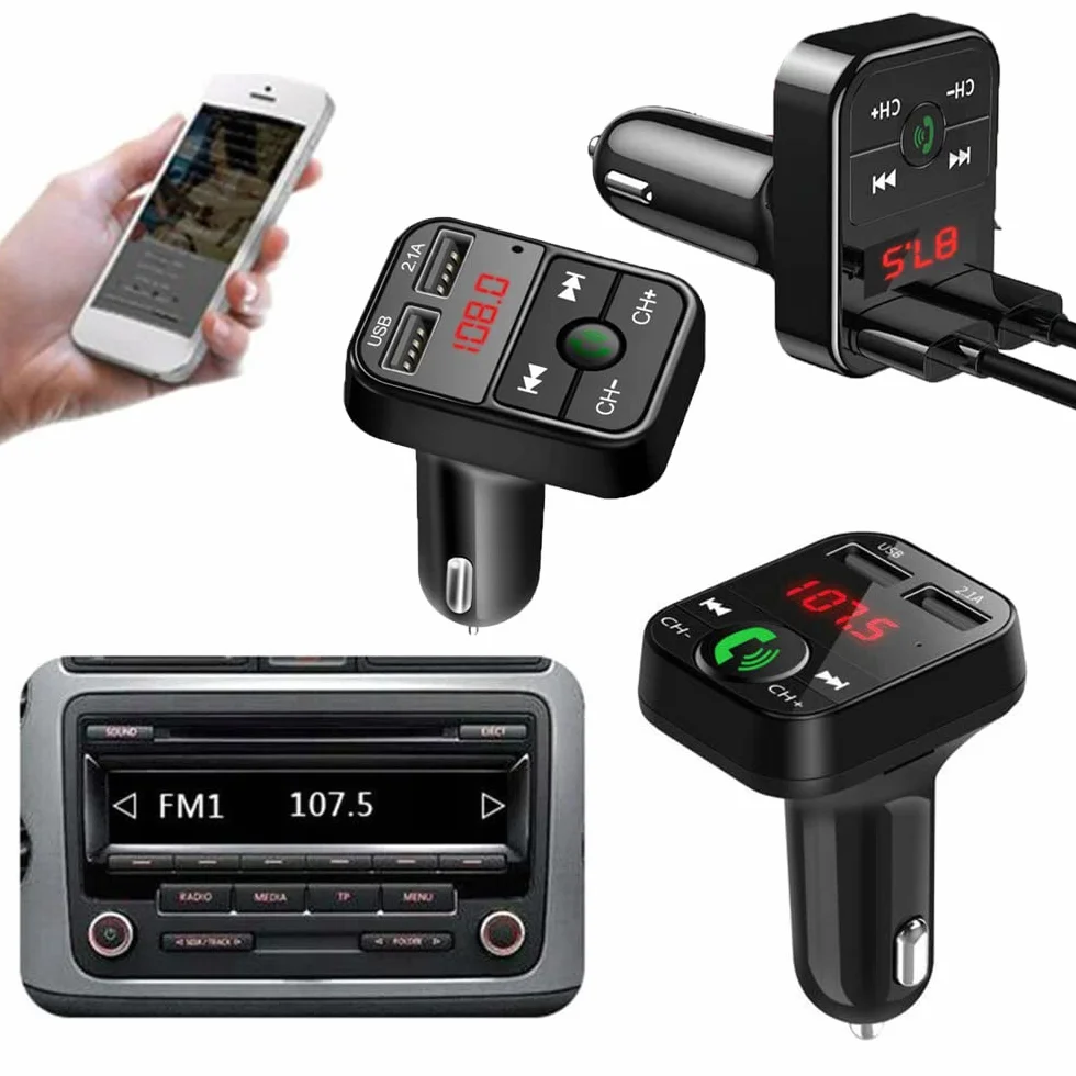 Retoo transmiter Bluetooth FM z ładowarką Dual USB, czytnik kart SD TF i wyświetlaczem cyfrowym, zestaw głośnomówiący, samochodowy adapter audio, uniwersalna ładowarka do urządzeń GPS,