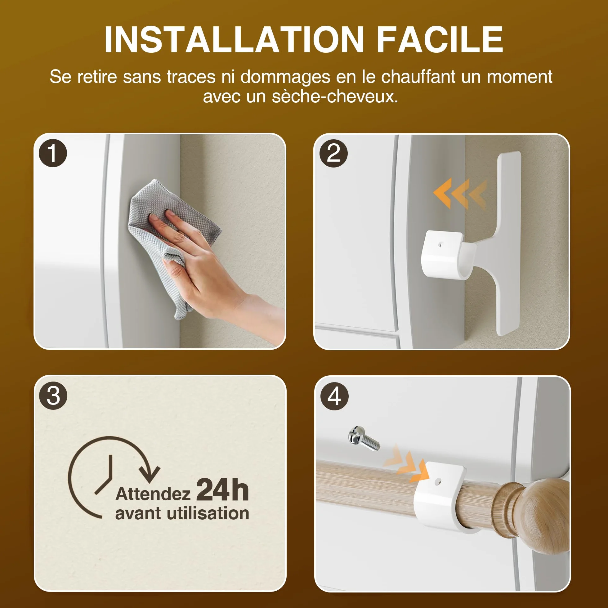 Support Tringle Rideaux sans Perçage pour Coffre Volet Roulant, Fixation Autocollante, 19-28 mm, Lot de 2, Métal Résistant