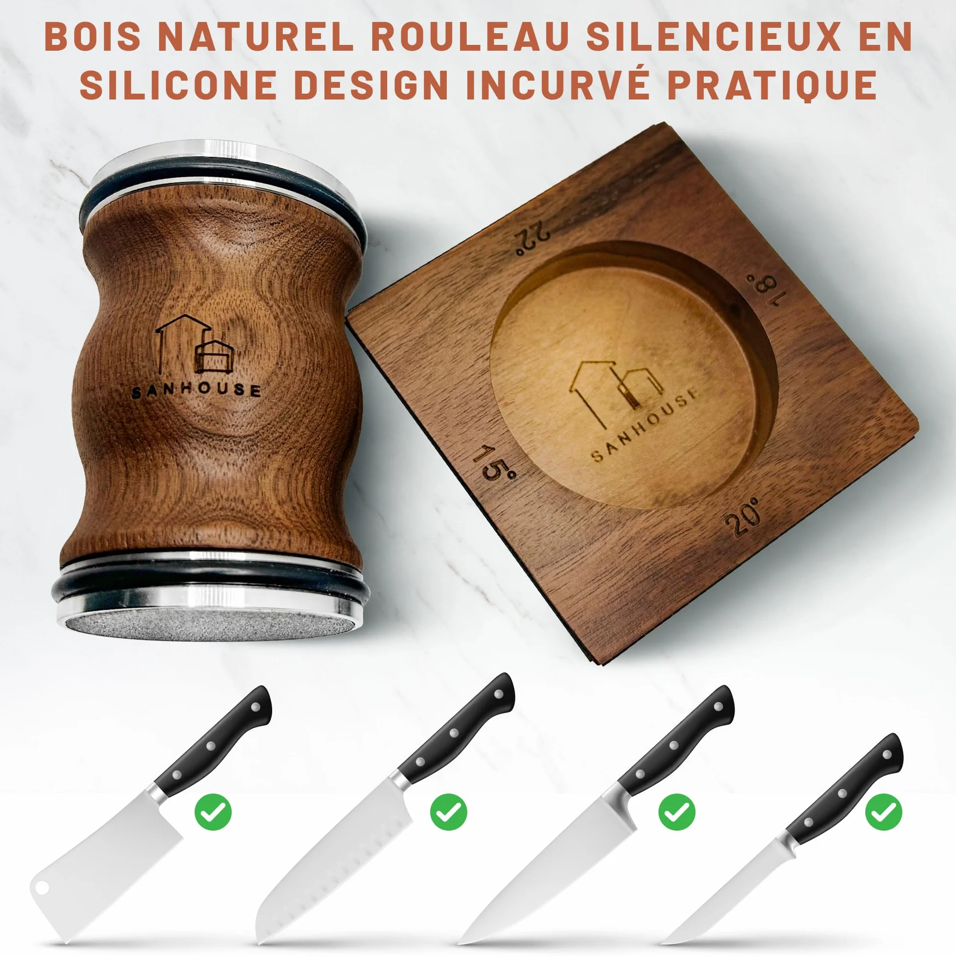 SANHOUSE Aiguiseur couteaux roulants, affuteur de couteaux magnétique multi-angles, pierre a aiguiser, eguiseur de couteau en diamant&céramique, offre un aiguisage de 15 à 22 degrés - MARQUE FRANÇAISE