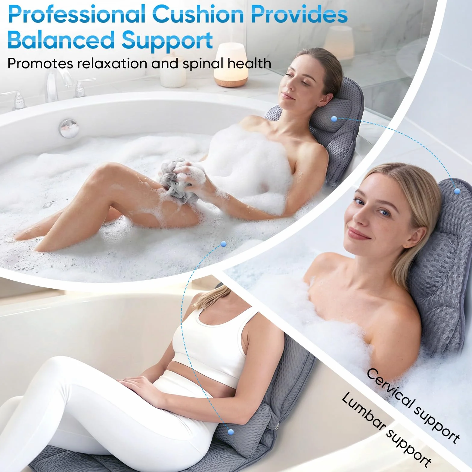 Coussin de bain Full Body avec coussin lombaire - Canapé de bain en maille 5D douce - Avec ventouses et appui-tête - 142 x 48 cm - Gris
