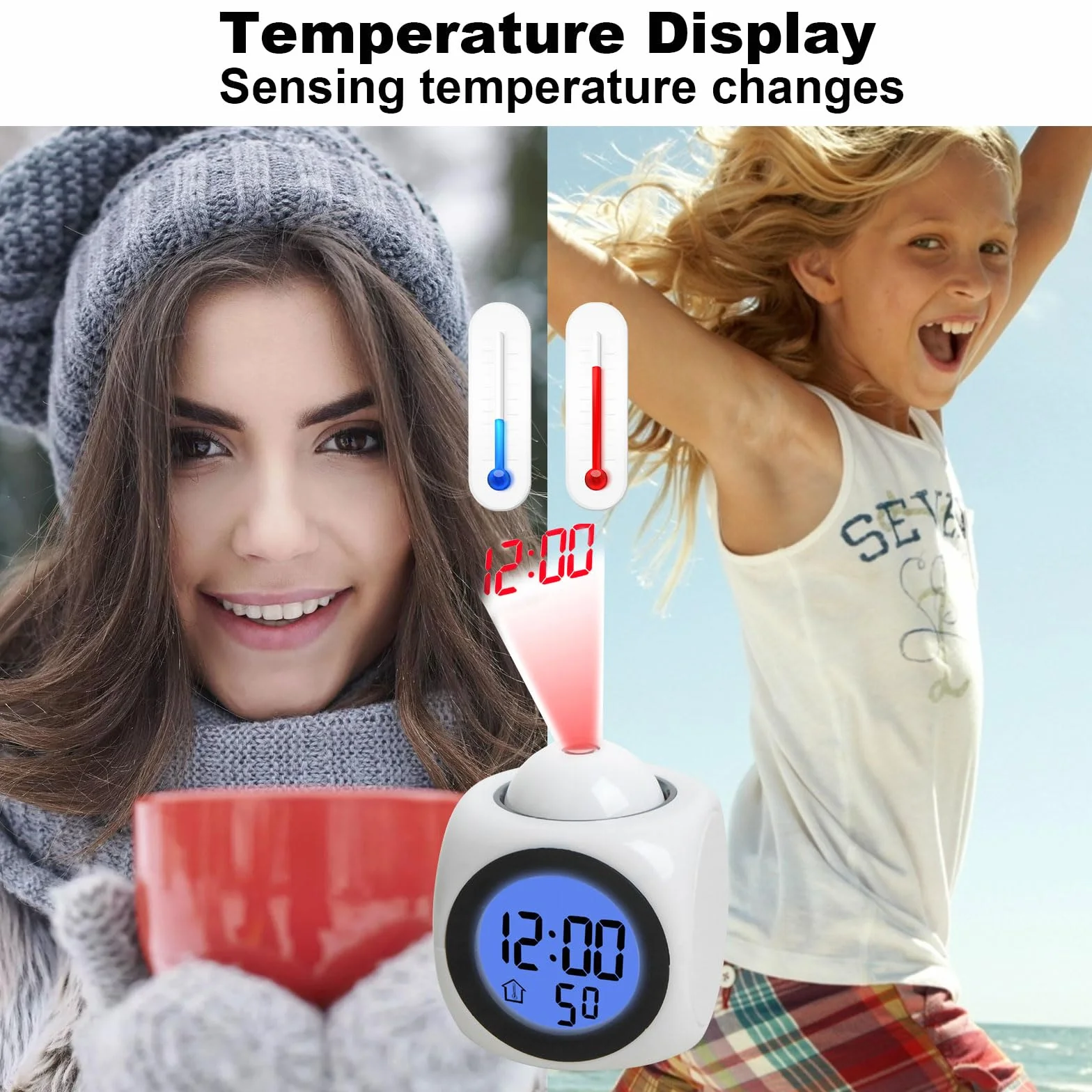 Réveil à Projection Plafond Heure Numérique, Horloge de Table Projecteur Multifonction LED USB Fonction Vocale Blanc
