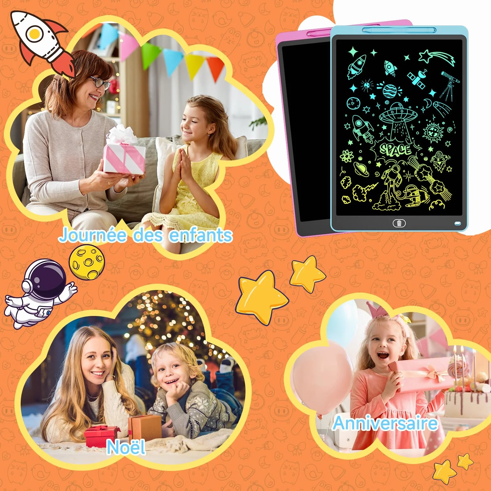 Tablette Dessin Enfant 12 Pouces LCD Colorée Ardoise Magique avec Verrouillage Effacement Jouet Educatif Bleu Rose
