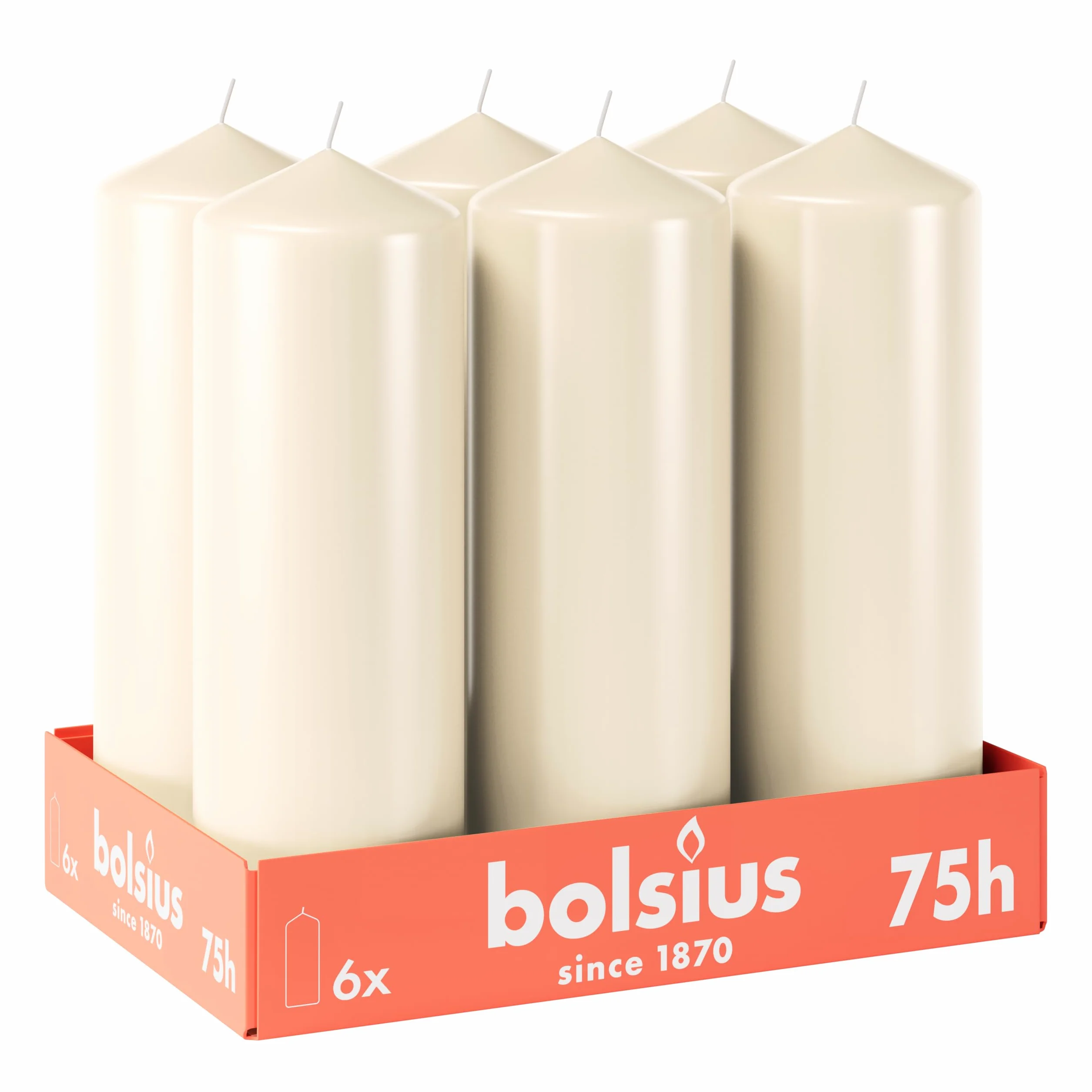Bolsius Lot de 6 bougies piliers lisses Ivoire 20 x 7 cm 75 heures Non parfumées Cire végétale naturelle