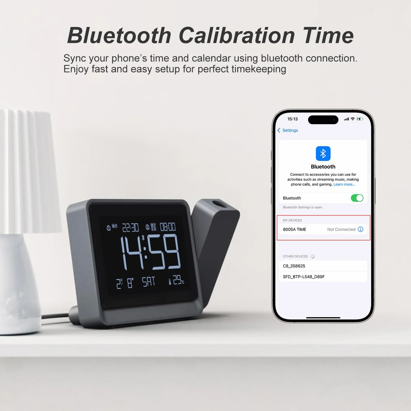 Horloge De Projection Numérique Chambre À Coucher Projecteur Rotatif 180° Synchronisation Heure Bluetooth Doubles Alarmes Date Température Variateur 4 Niveaux