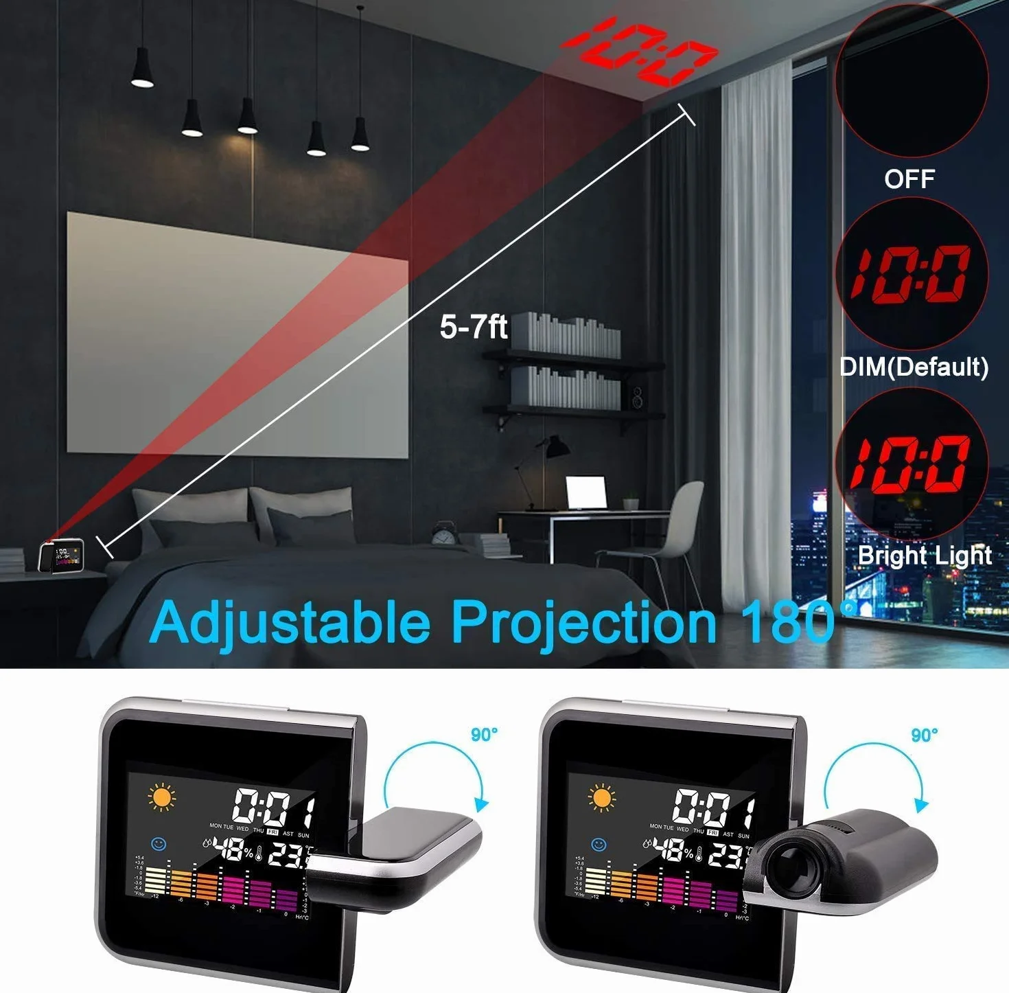 Réveil Projection Plafond Numérique LED avec Station Horaire LCD Température Date Charge USB 12/24h Noir
