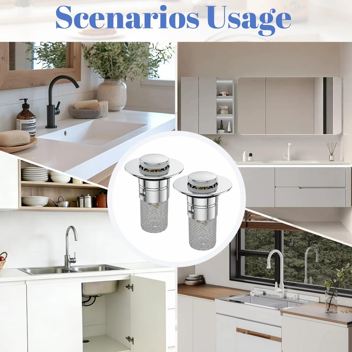 Bouchons d'évier universels lot de 2, pop-up inox avec filtre à cheveux 30-40 mm salle de bain cuisine