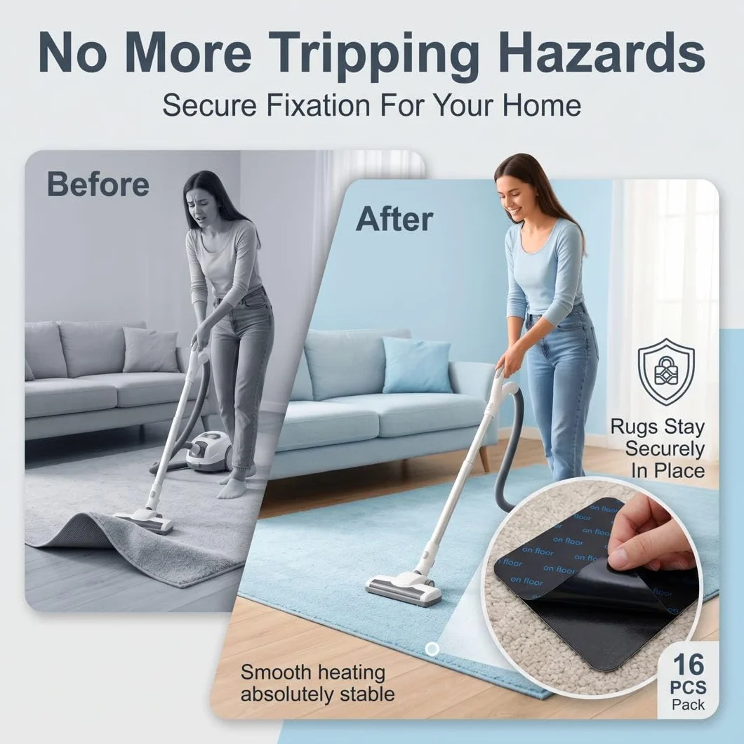 Antidérapant Tapis Lavable 16 Pièces Double Face Patins Antidérapants Réutilisables pour Carrelage Parquet Sol Dur Autocollants Anti Glisse Coins de Tapis