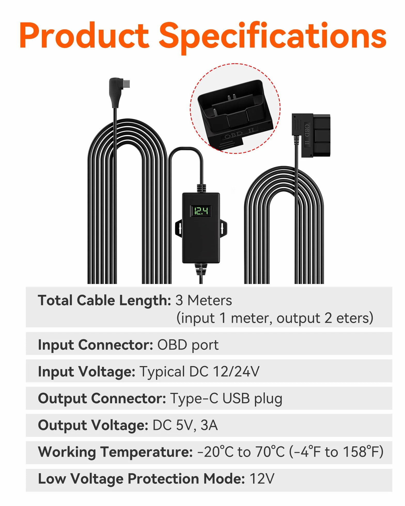 Zestaw WOLFBOX USB C Hardwire OBD, zestaw kabli do ładowania samochodu 12 V-24 V do 5 V, pasuje do kamer samochodowych G840S/G930/G840H/G850/G850PRO/X5/i07/i17/X3