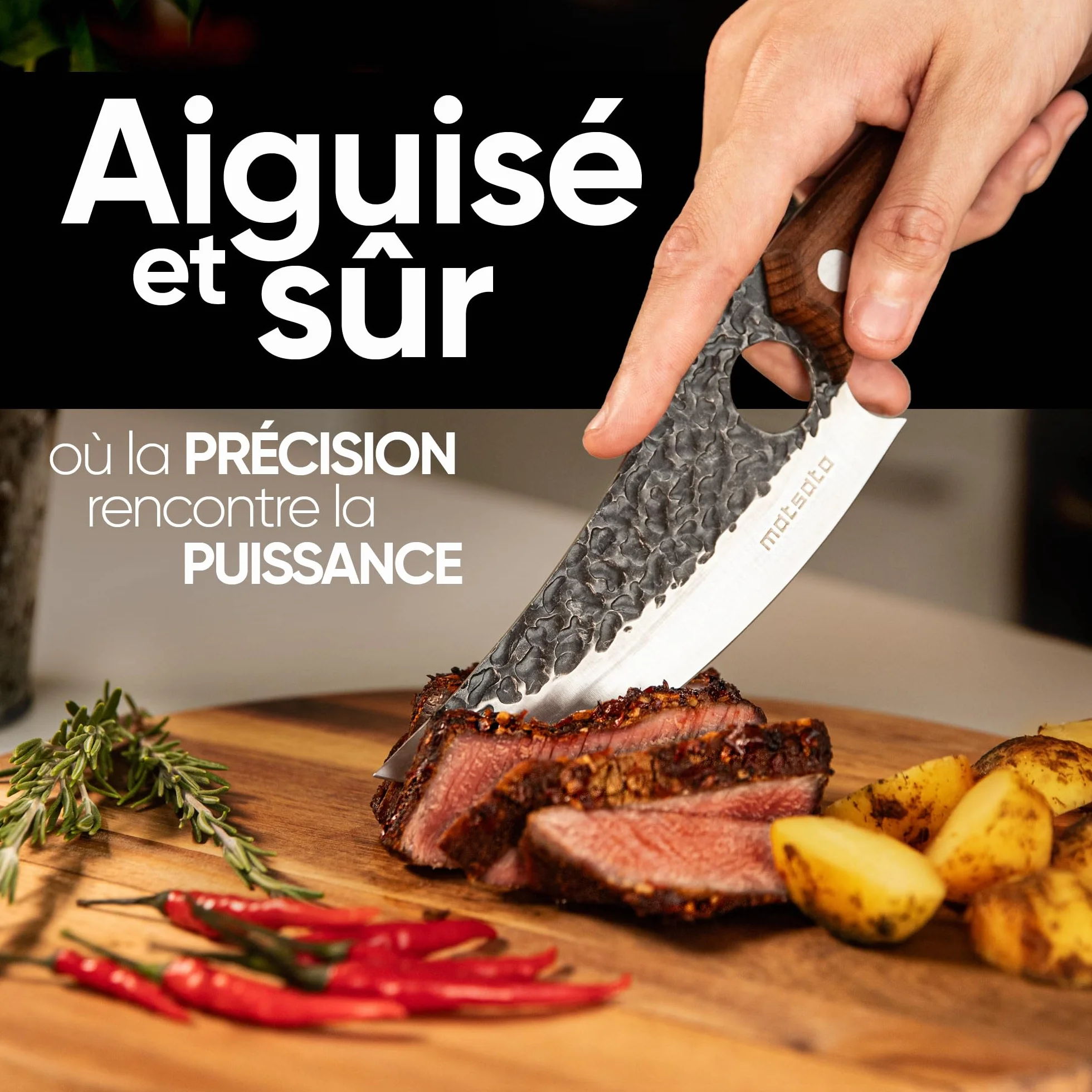 Matsato Couteau de Chef Acier Japonais Tranchant Viande Légumes