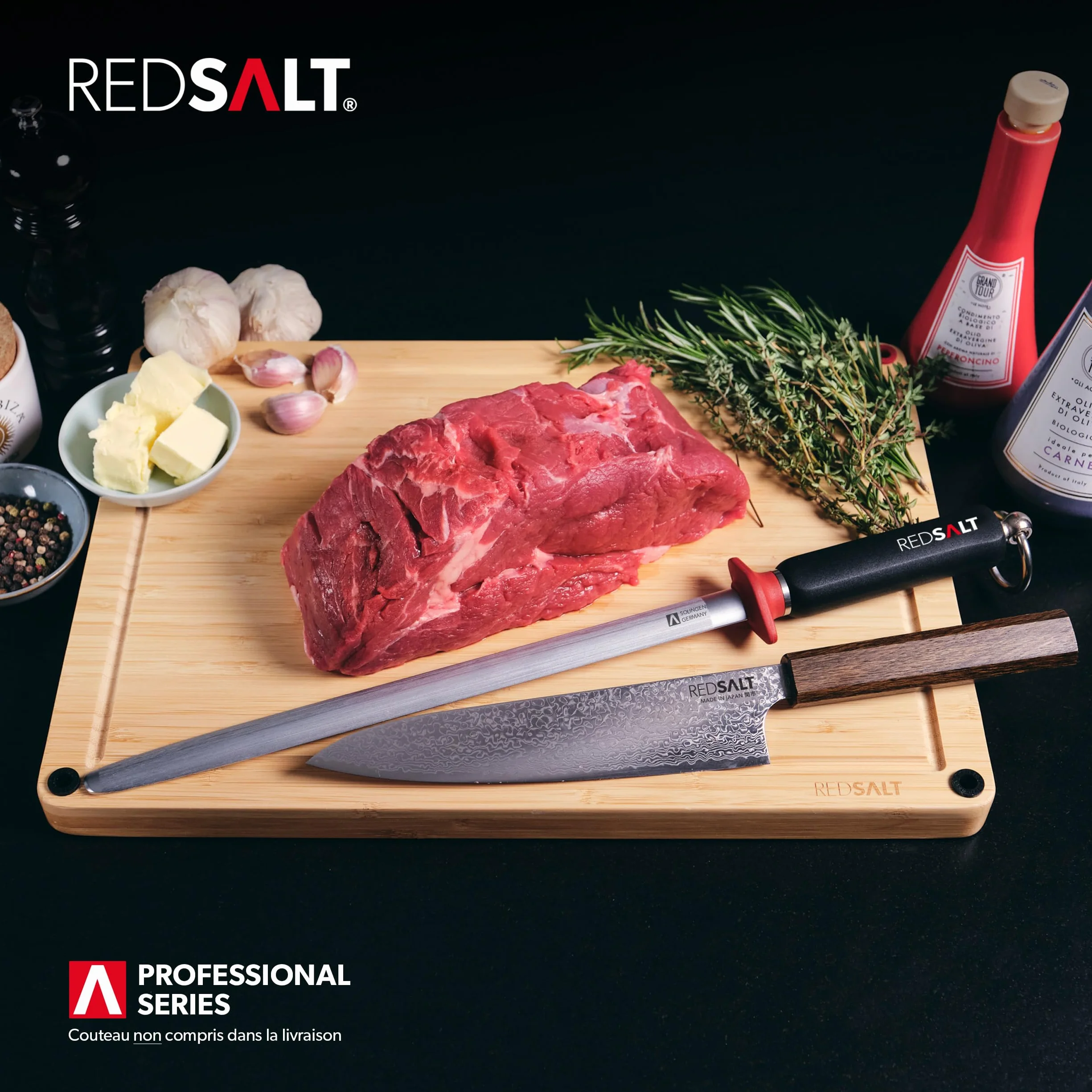 REDSALT® Premium fusil à aiguiser 30cm ovale micro-fin saphir pour couteaux de haute qualité | HRC 65 acier chrome vanadium Made in Germany | Aiguiseur professionnel, manche ergonomique