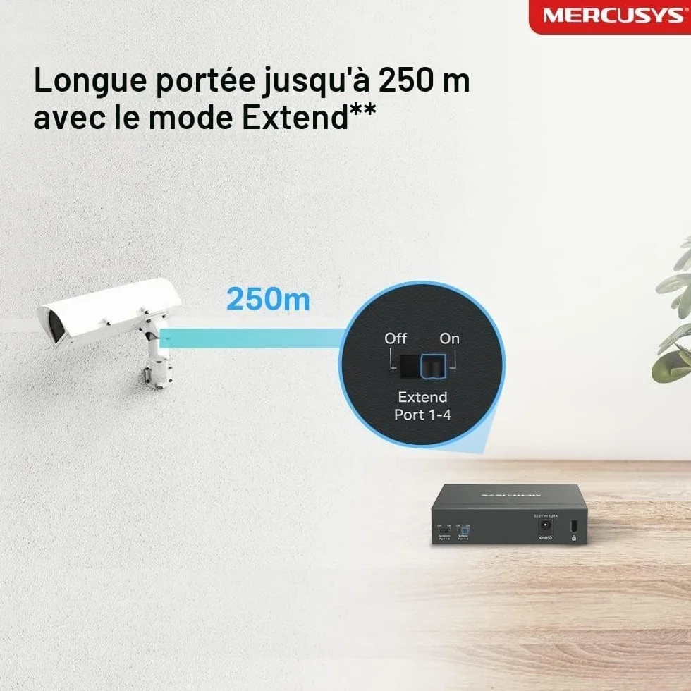 Mercusys TP-Link MS105GP Switch PoE+ 5 ports Gigabit, 4 ports PoE+, 65W, Boitier Métal