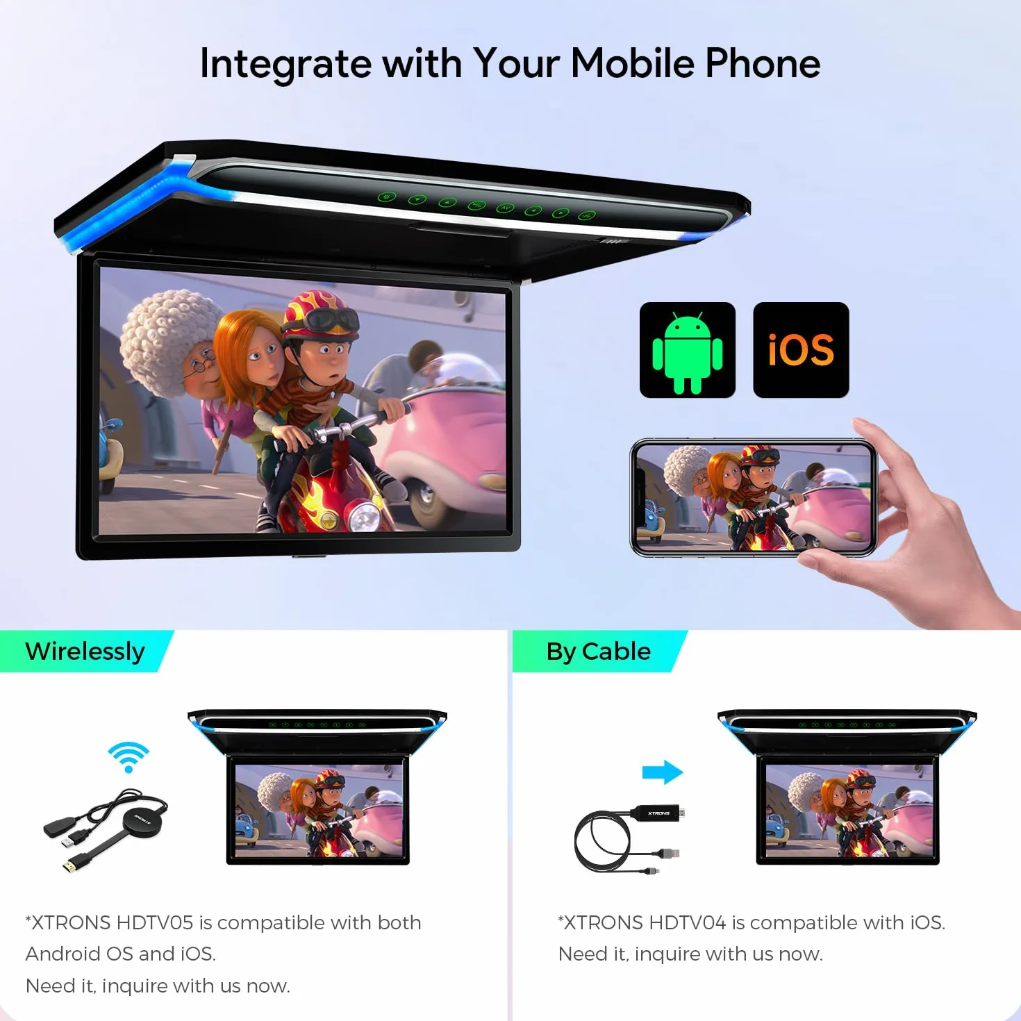 Nowy XTRONS 17,3-calowy 16:9 ultra-cienki cyfrowy ekran TFT FHD 1080P wideo samochodowy odtwarzacz sufitowy zamontowany na dachu z wbudowanym portem HDMI/SD/USB/Infrared/FM