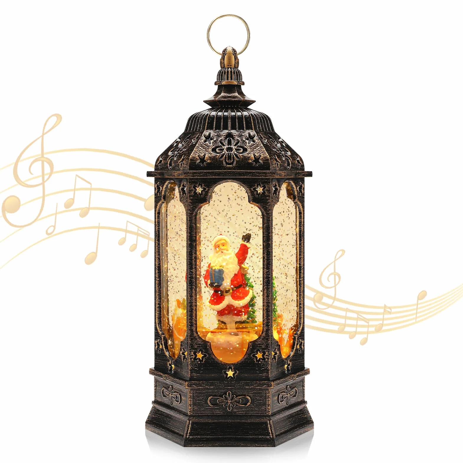 Lanterne Noel,Lanterne Boule à Neige Musicale LED de Noël,Lampe de Noel Lumineux Bonhomme et Flocon de Neige avec Christmas Songs, pour Décoration Noel Intérieure, Prise USB ou Alimenté par Pile