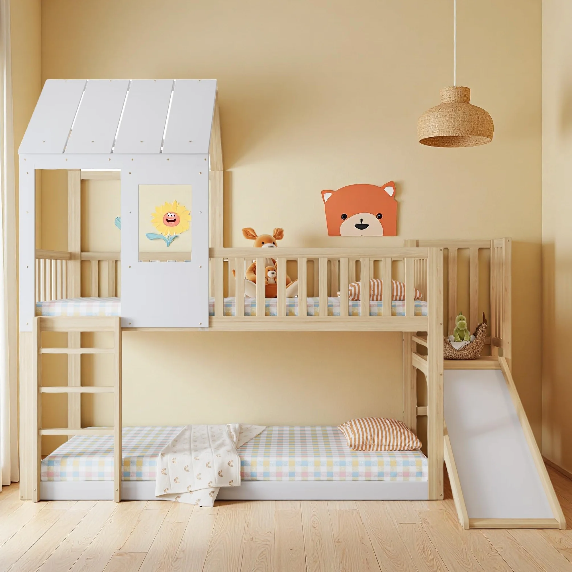 Sapgaks Lit cabane Enfants 90 x 200,lit superposé Enfant antichute,lit Mezzanine 2 Places,avec échelle à Angle Droit et Toboggan, avec Toit et fenêtre,et Grille,Structure en pin,Naturel Blanc