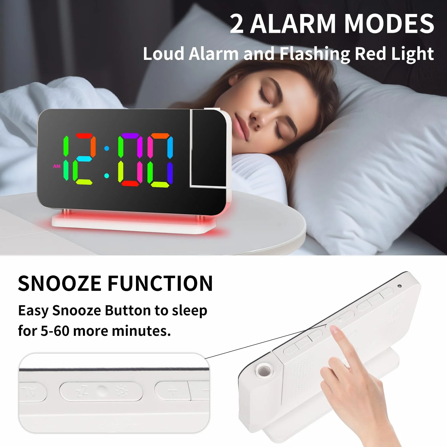 Horloge Projection Numérique LED RGB Réveil Lumière d'Ambiance 7 Couleurs avec Adaptateur