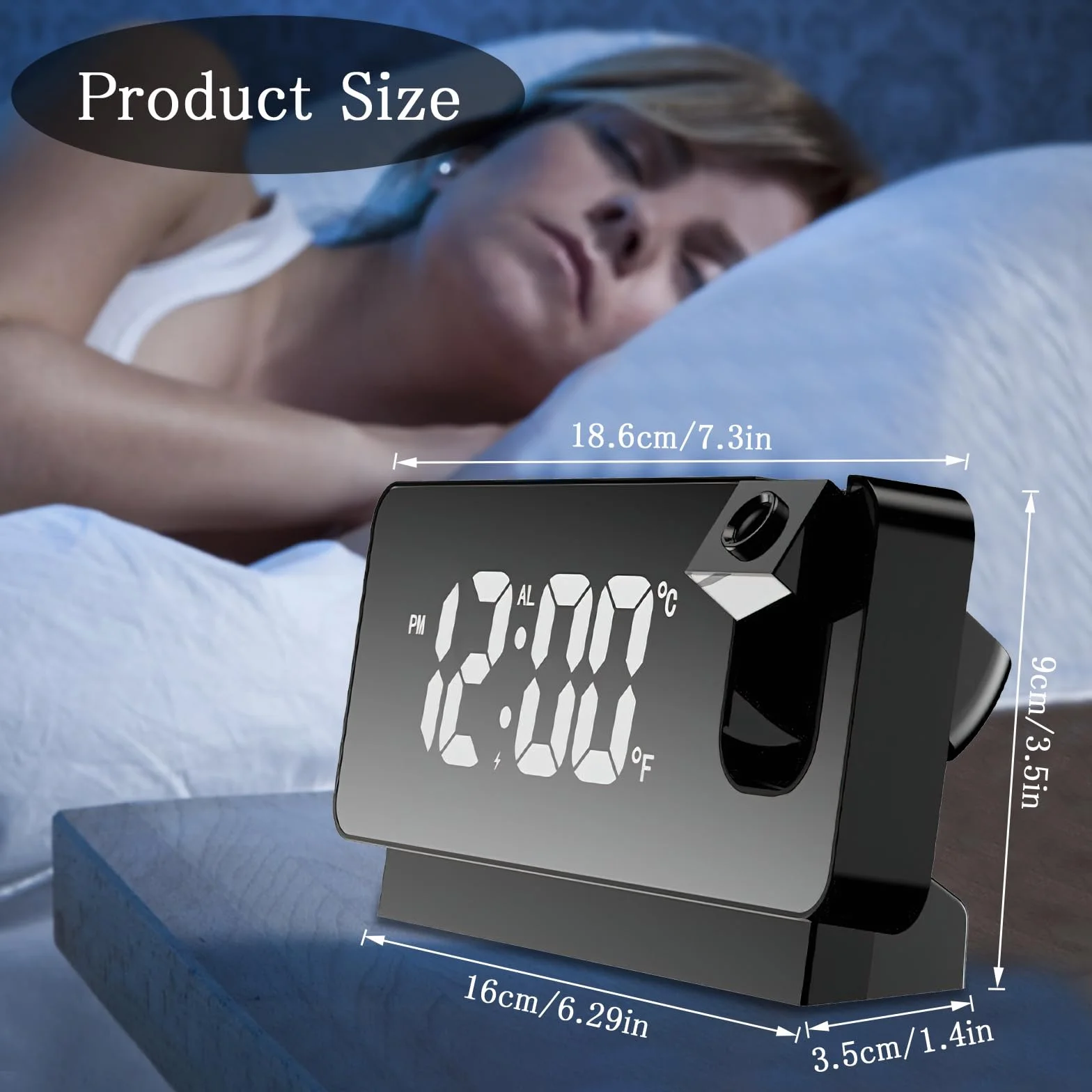 TNSLAND Réveil à Projection LED numérique 180° avec Snooze, Double Gong, Température USB