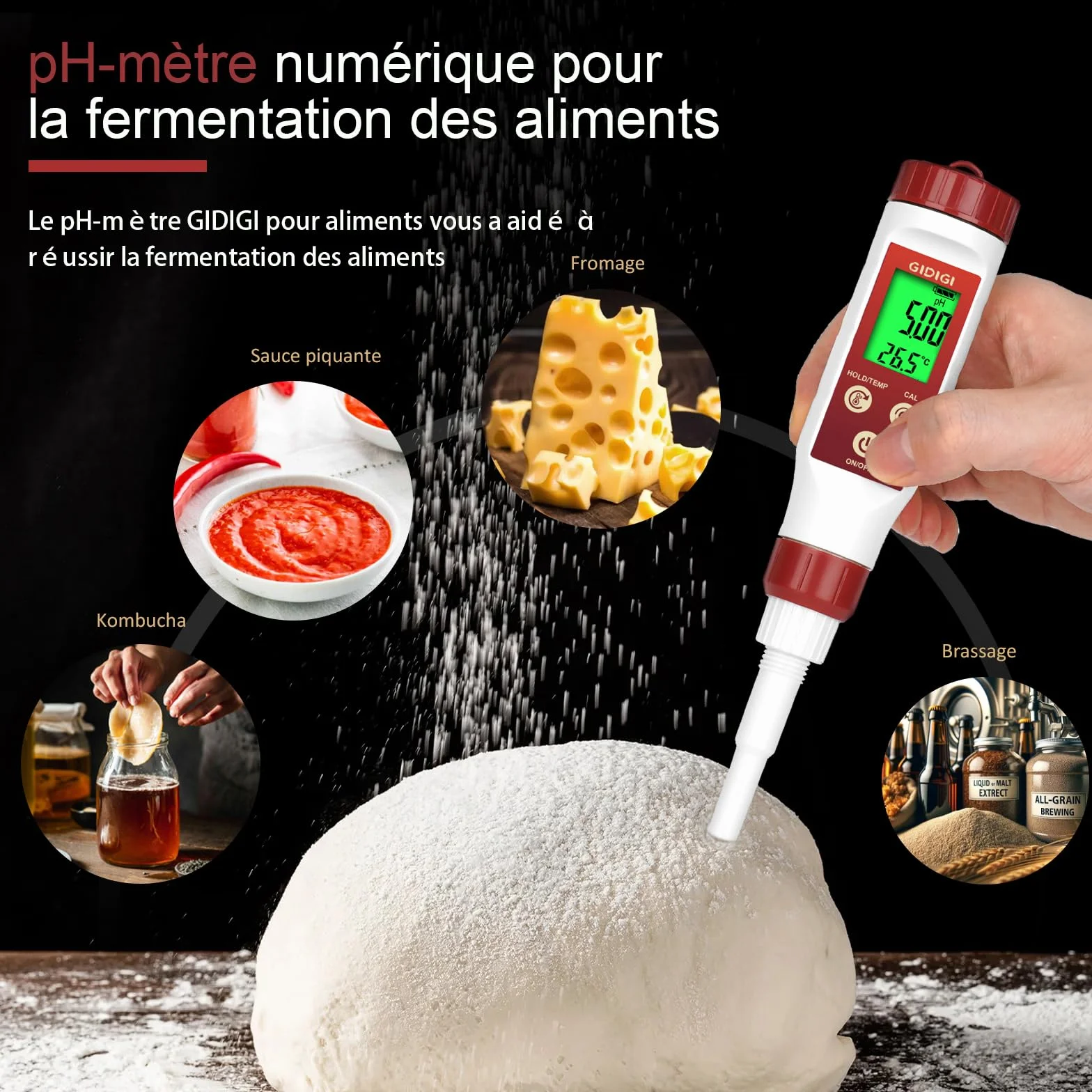 pH Mètre Aliments, pH-Mètre Numérique Pour Fermentation, Sauce Piquante, conservé, Sonde de Test de pH Alimentaire à Pointe de Lance Pour Fromage, Sourdough, Salive,Viande，solide，Semi-solide
