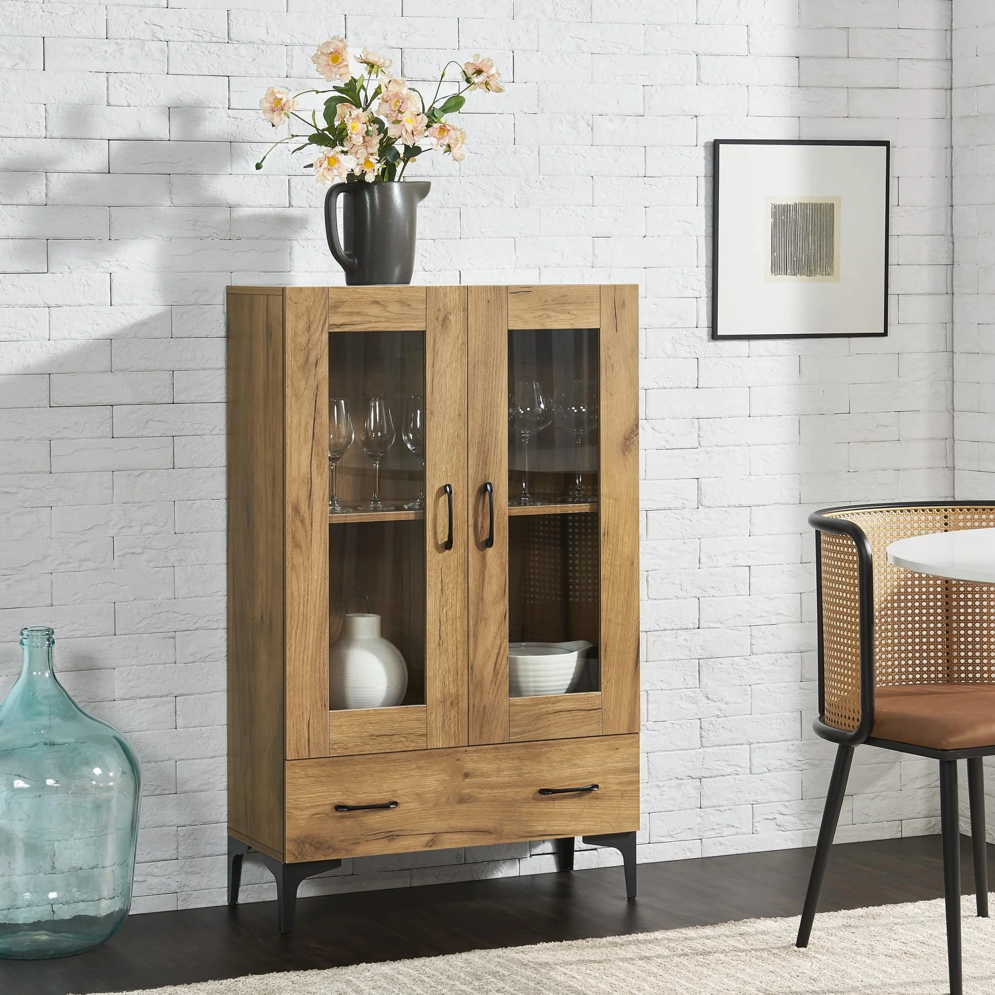 [en.casa] Armoire Vitrée Meuble de Rangement Bibliothèque Vaisselier Buffet Élégante pour Salon Cuisine Chambre Salle à Manger Panneau de Particules Verre 115 x 70 x 31 cm Effet Chêne