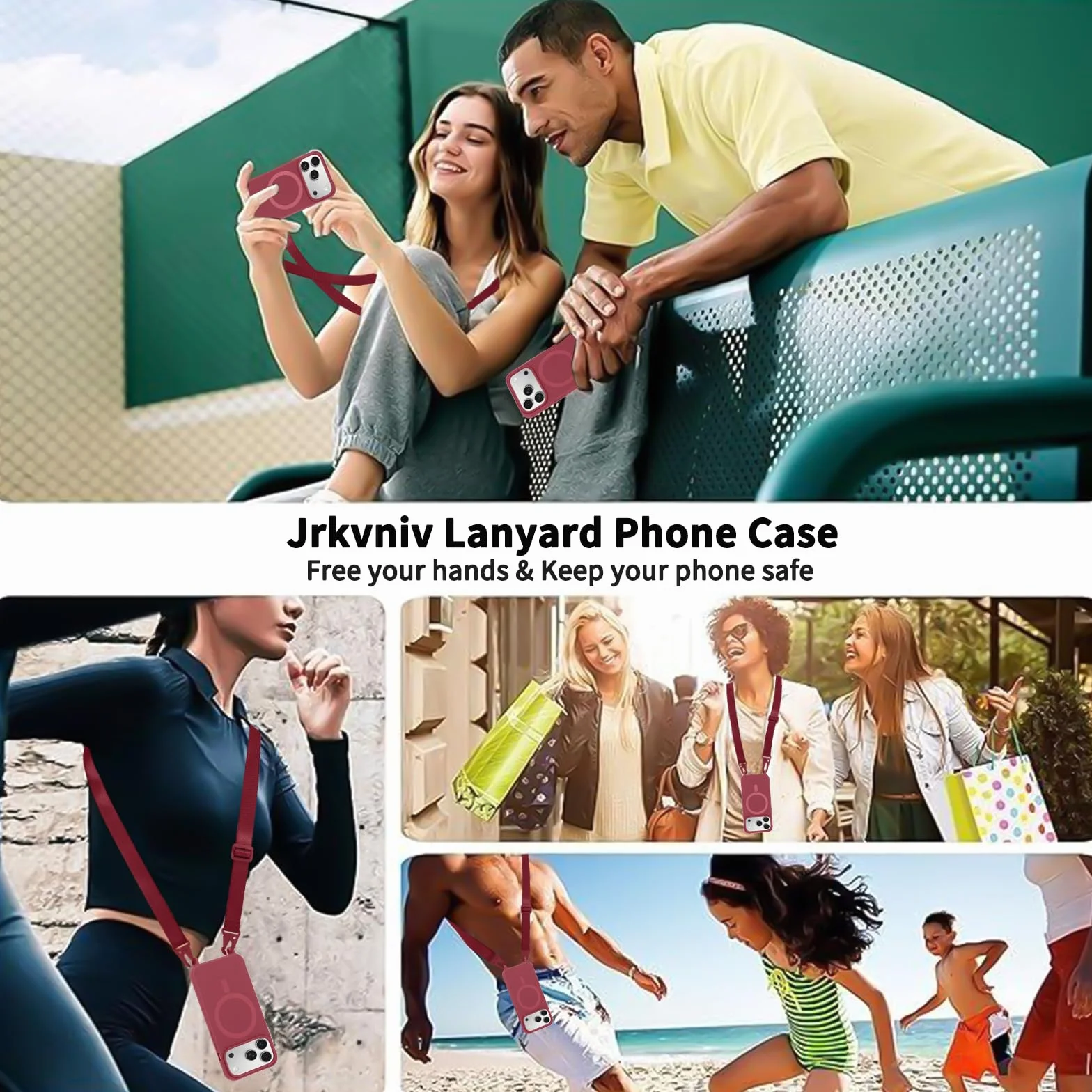 Magnetyczne etui na iPhone'a 17 Pro ze smyczą, miękkie silikonowe etui antywstrząsowe z regulowanym paskiem na szyję naszyjnik łańcuszek na szyję sznurek do iPhone'a 17 Pro 6.3", czerwony