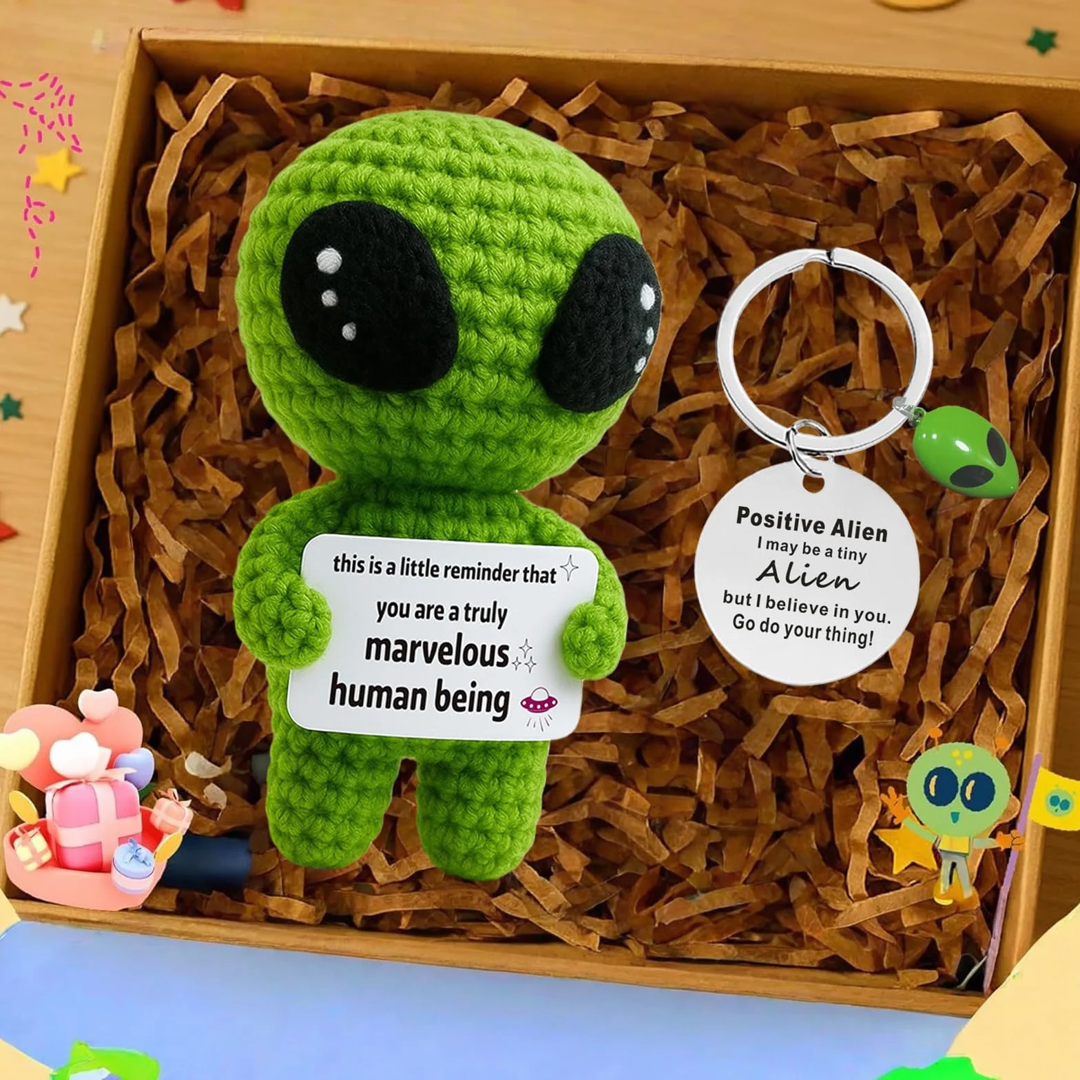 Poupée Peluche Pwsap Alien Tricotée Positive avec Porte-clés, Cadeau Créative pour Famille