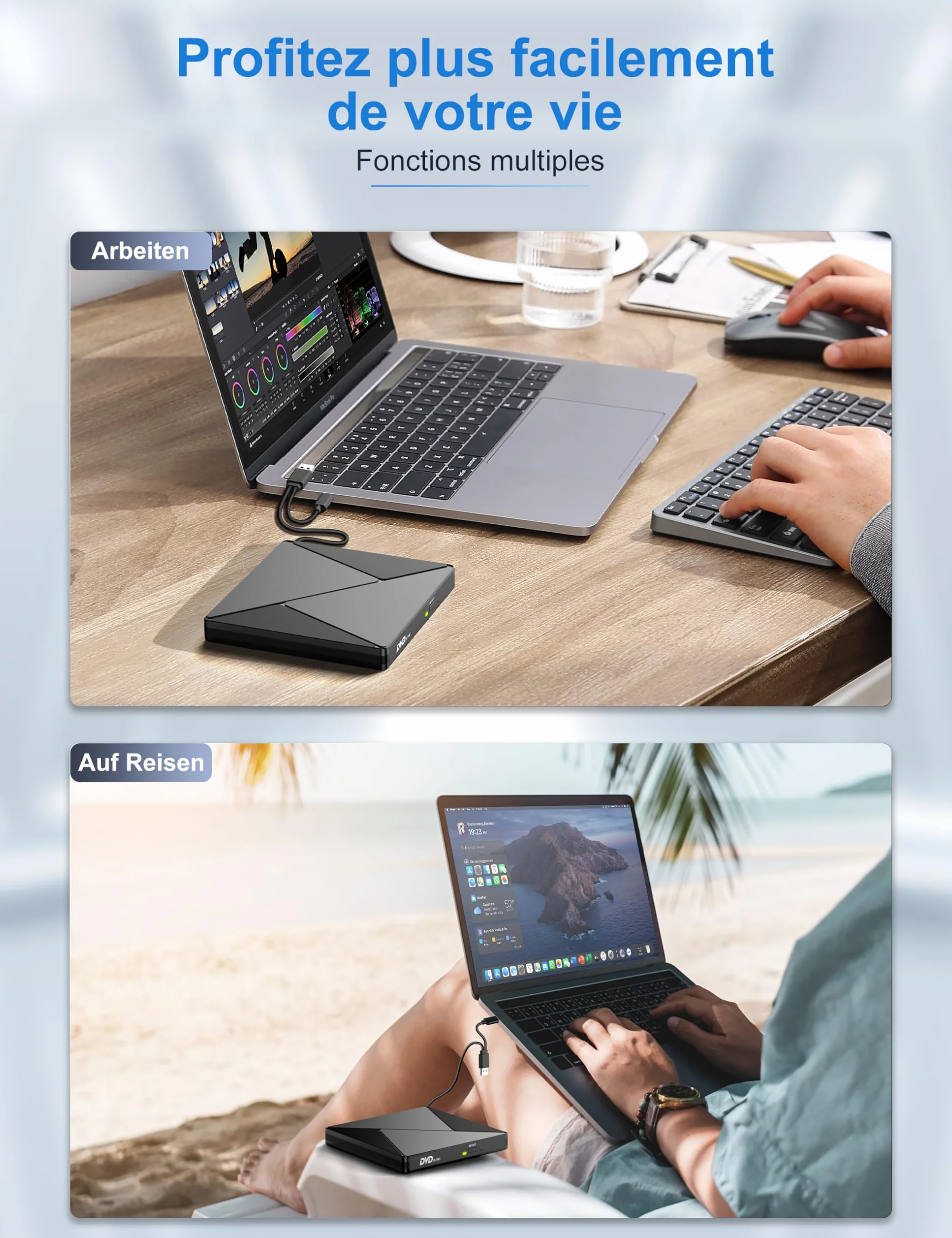 Lecteur CD/DVD Externe USB 3.0 USB-C Graveur DVD Portable -/+RW Drive Mince pour PC Windows MacOS