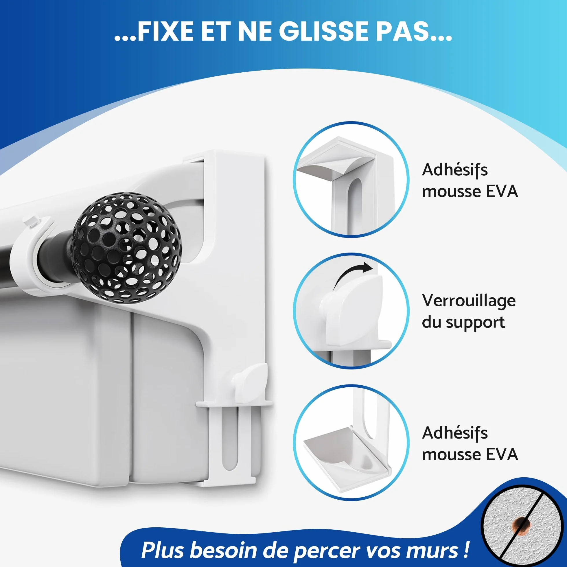 FODEX Ensemble de 2 Supports pour Tringle à Rideaux Sans Perçage, Métal, Ø16-28mm, Coffre Volet Roulant, Blanc