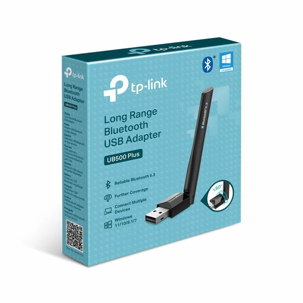 TP-Link UB500 Plus – Adapter Bluetooth 5.3 USB z anteną zewnętrzną, zasięg do 20 m, obsługa 7 urządzeń jednocześnie, Plug & Play, Kompatybilność z Windows 11/10/8.1/7
