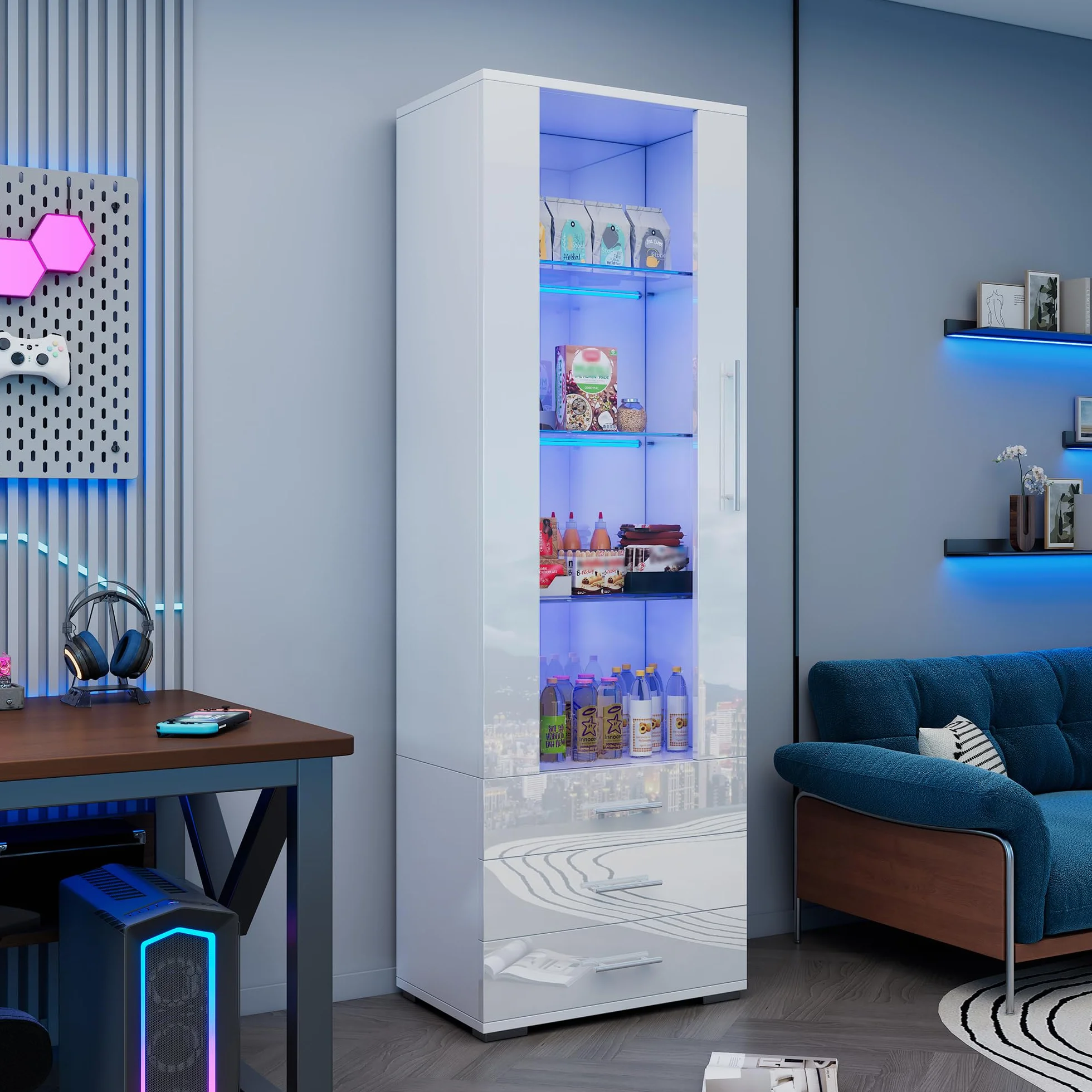 Merax Vitrine en verre avec éclairage LED blanc brillant avec portes et 3 tiroirs, armoire haute de 180 cm, armoire de cuisine, armoire polyvalente pour salon, chambre à coucher, bureau