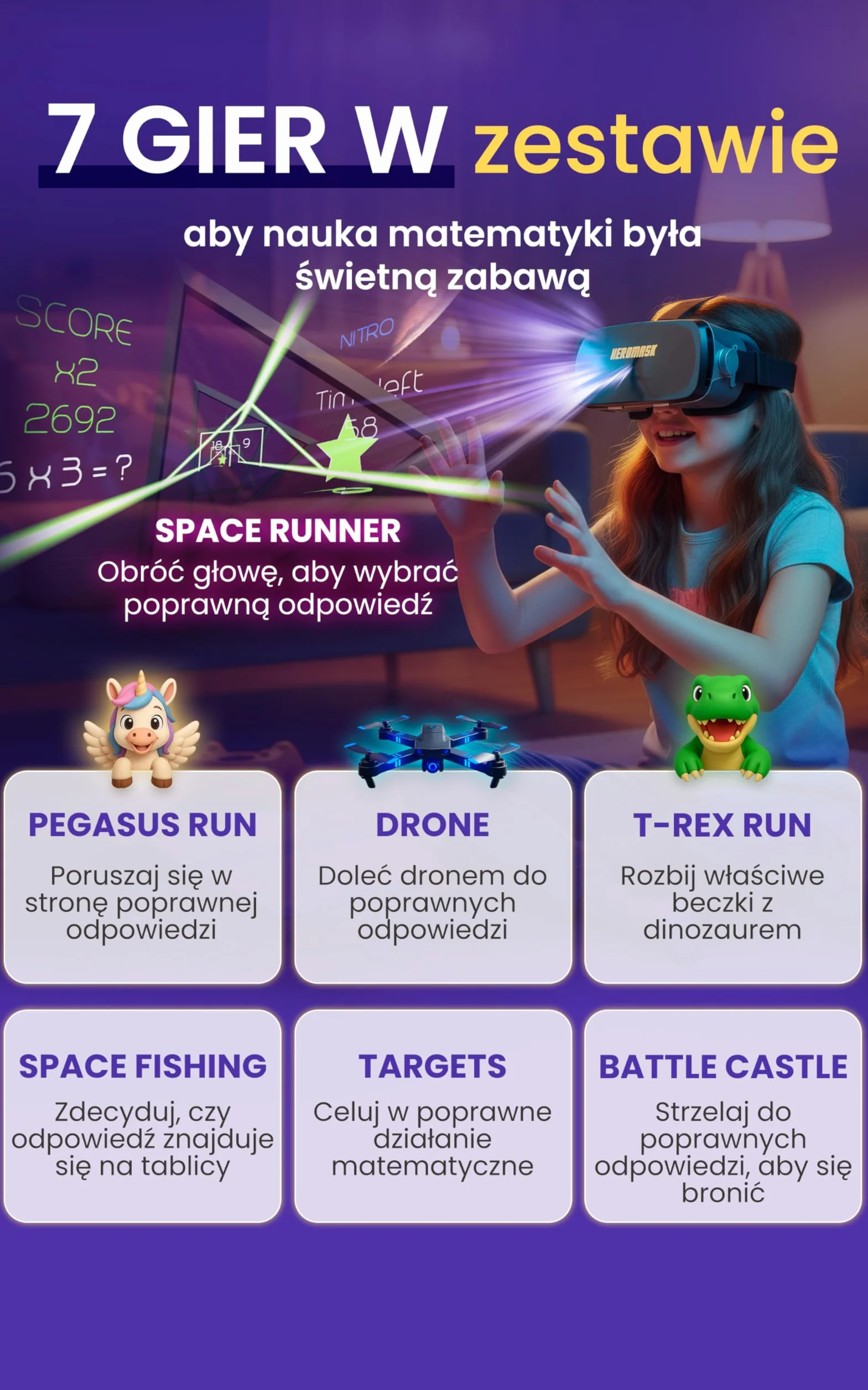 Heromask Gogle VR dla dzieci z edukacyjną grą matematyczną – Nauka tabliczki mnożenia w 3D – Interaktywna zabawka 5-12 lat – Oryginalny prezent