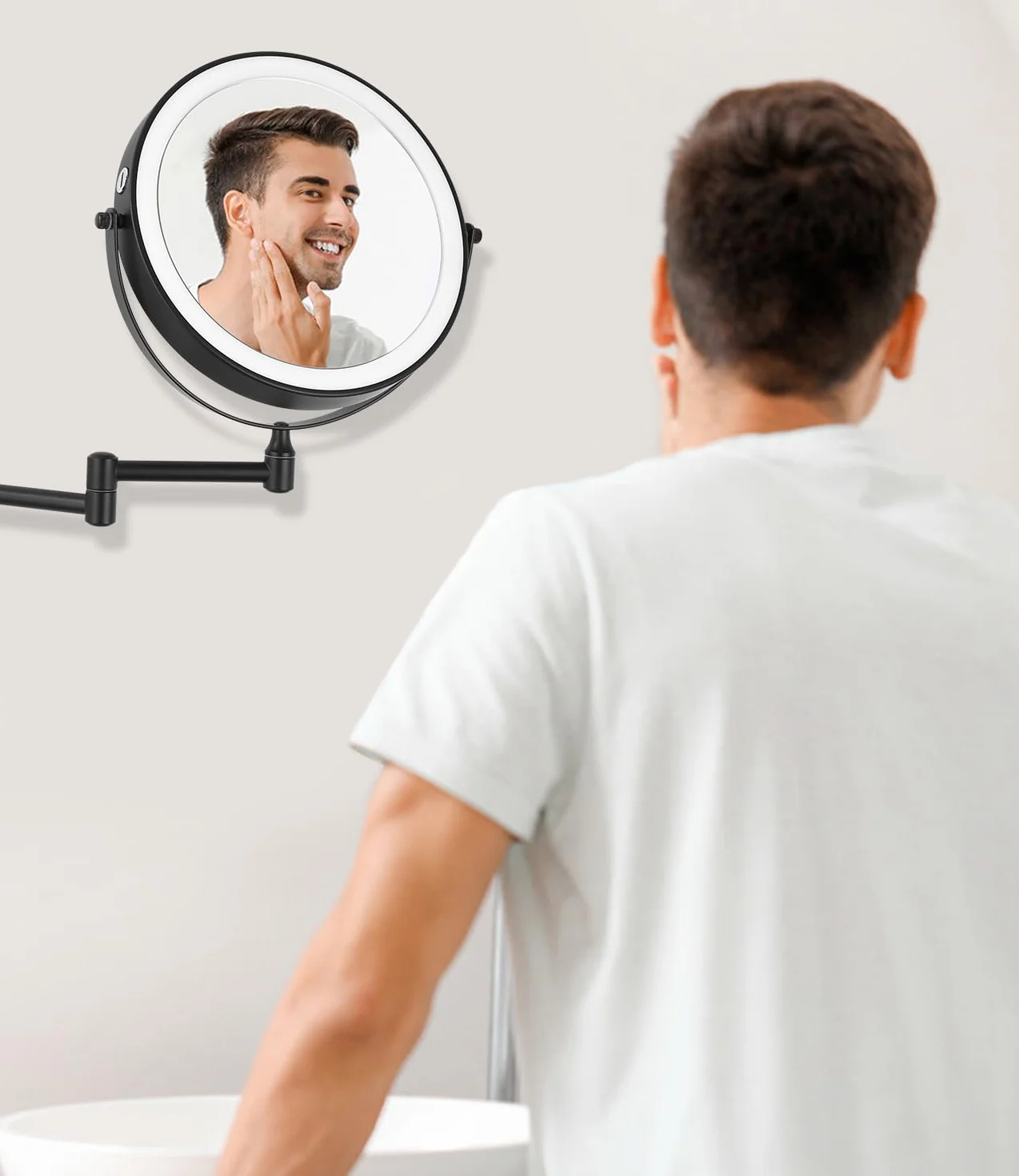 Jutyum Miroir cosmétique mural avec grossissement 1X/10X - Éclairage LED - Miroir de maquillage mural avec éclairage variable - 3 couleurs - Noir