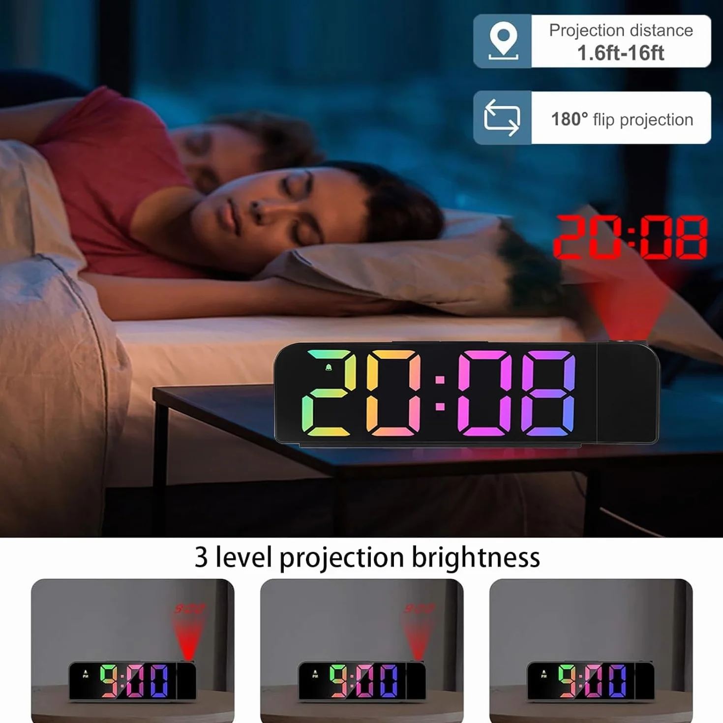Réveil Projecteur Plafond 180°, 7" Grand Écran Horloge Numérique LED Projection, Luminosité Réglable 12/24H, Chargement USB