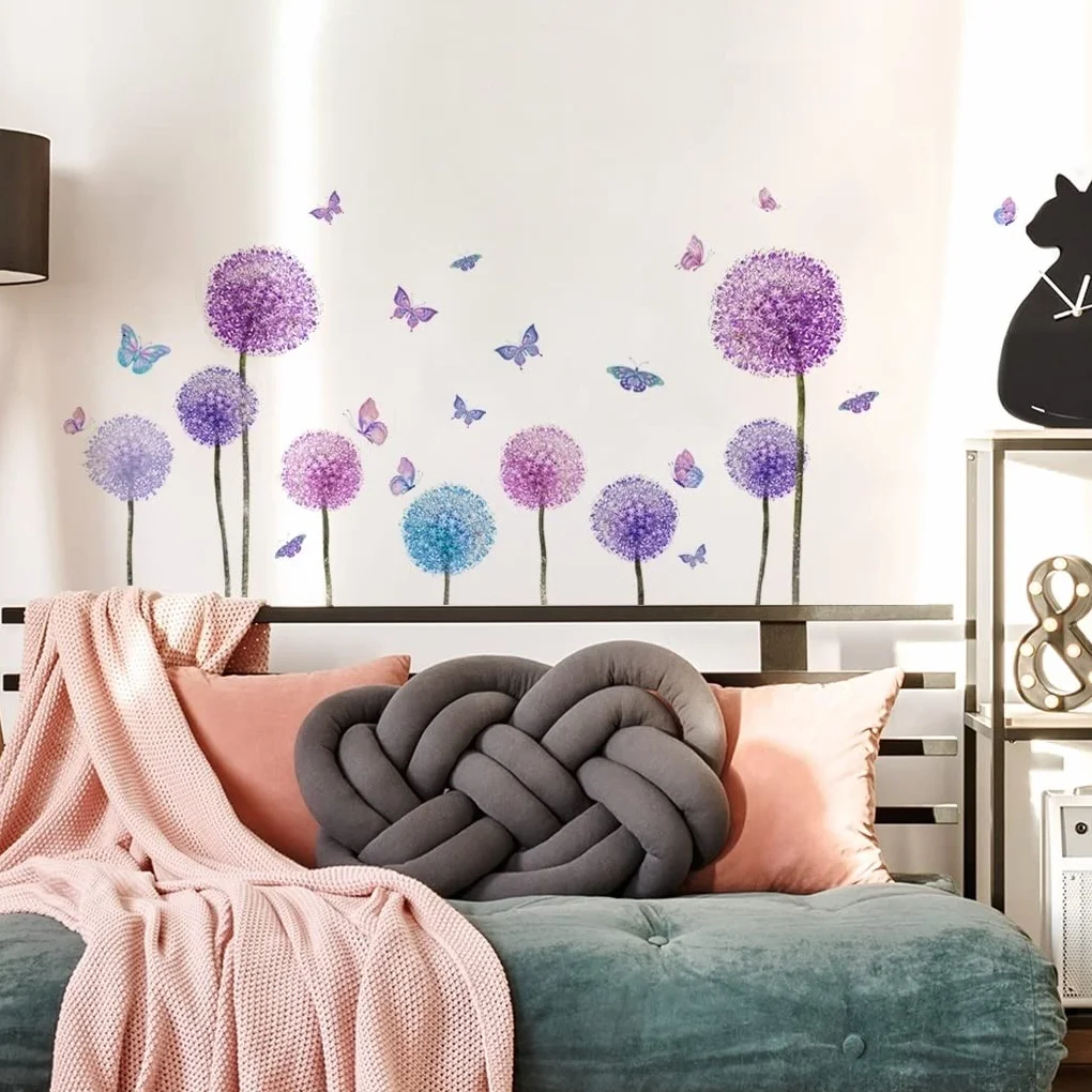 Stickers Muraux FLEURS de PISSENLIT violets 110x62 cm Autocollant Mural Fleurs Pastel Lilas Plantes Déco Murale Chambre